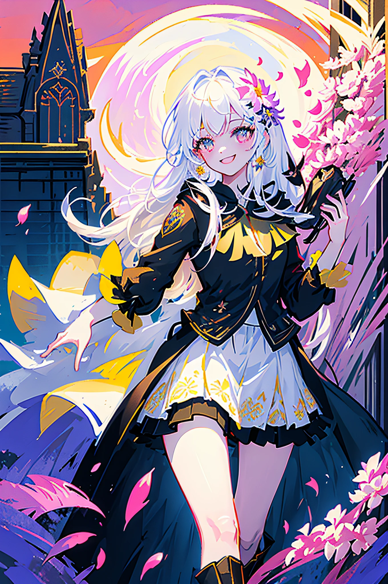 masterpiece, best quality, 1girl, (colorful),(finely detailed beautiful eyes and detailed face),cinematic lighting,bust shot,extremely detailed CG unity 8k wallpaper,white hair,solo,smile,intricate skirt,((flying petal)),(Flowery meadow) sky, cloudy_sky, building, moonlight, moon, night, (dark theme:1.3), light, fantasy,