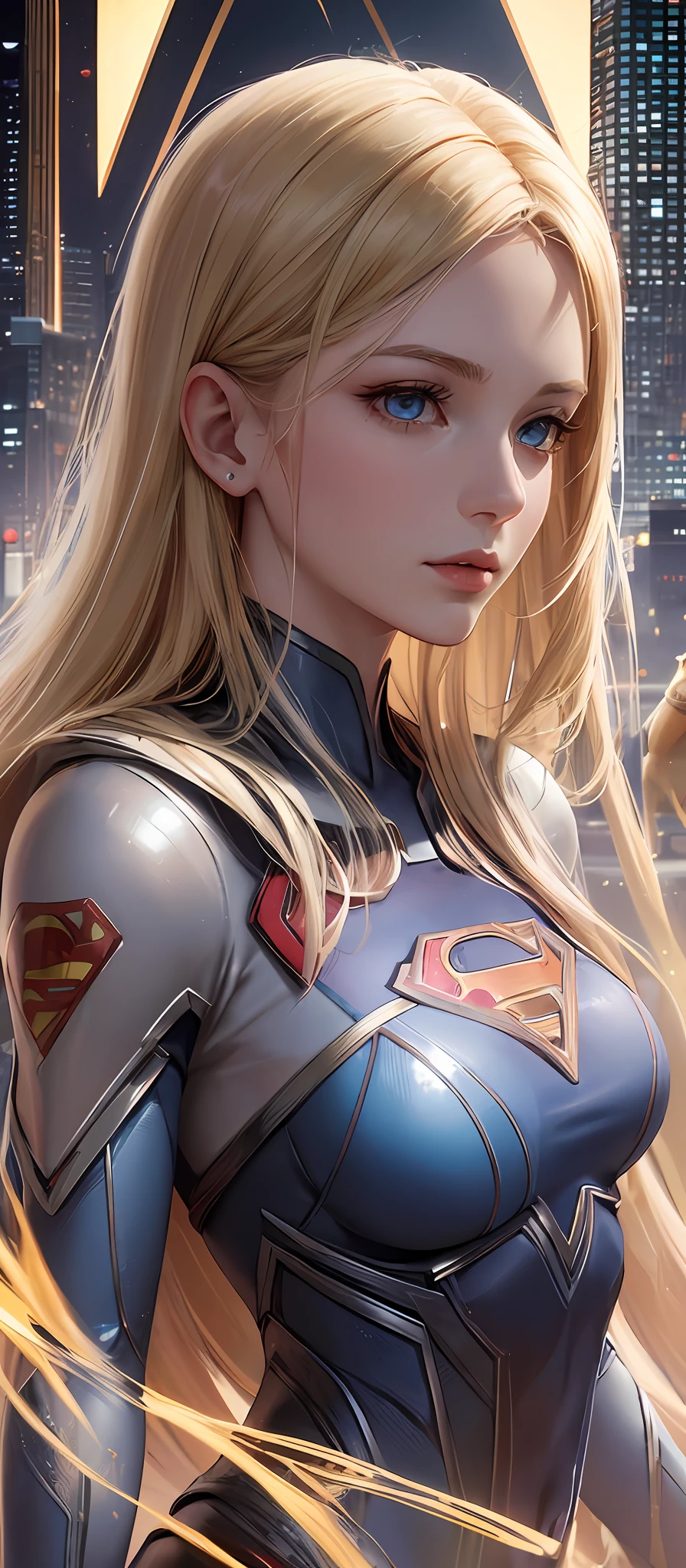 Supergirl, best quality, film, official art, sand, natural advertising art, movie wallpaper, very detailed CG uniform 4k wallpaper, intricate details, white background, upper body, facial focus, full body, concept art, making art, ( , high resolution, (realistic, photorealistic: 1.2), physically based rendering, mechanics, reflection, realism, cyberpunk, symmetry front view closeup avatar eyes symmetry face very sharp realistic focus awarded mask painting film light 1, wick, (illustration: 1.1), thin, fair skinned, delicate face, king robe, glow, pantyhose, (long blonde hair), blue eyes, supernan symbol S on the chest, battlefield, chip, glow, sword, s of superman on the chest. --auto --s2