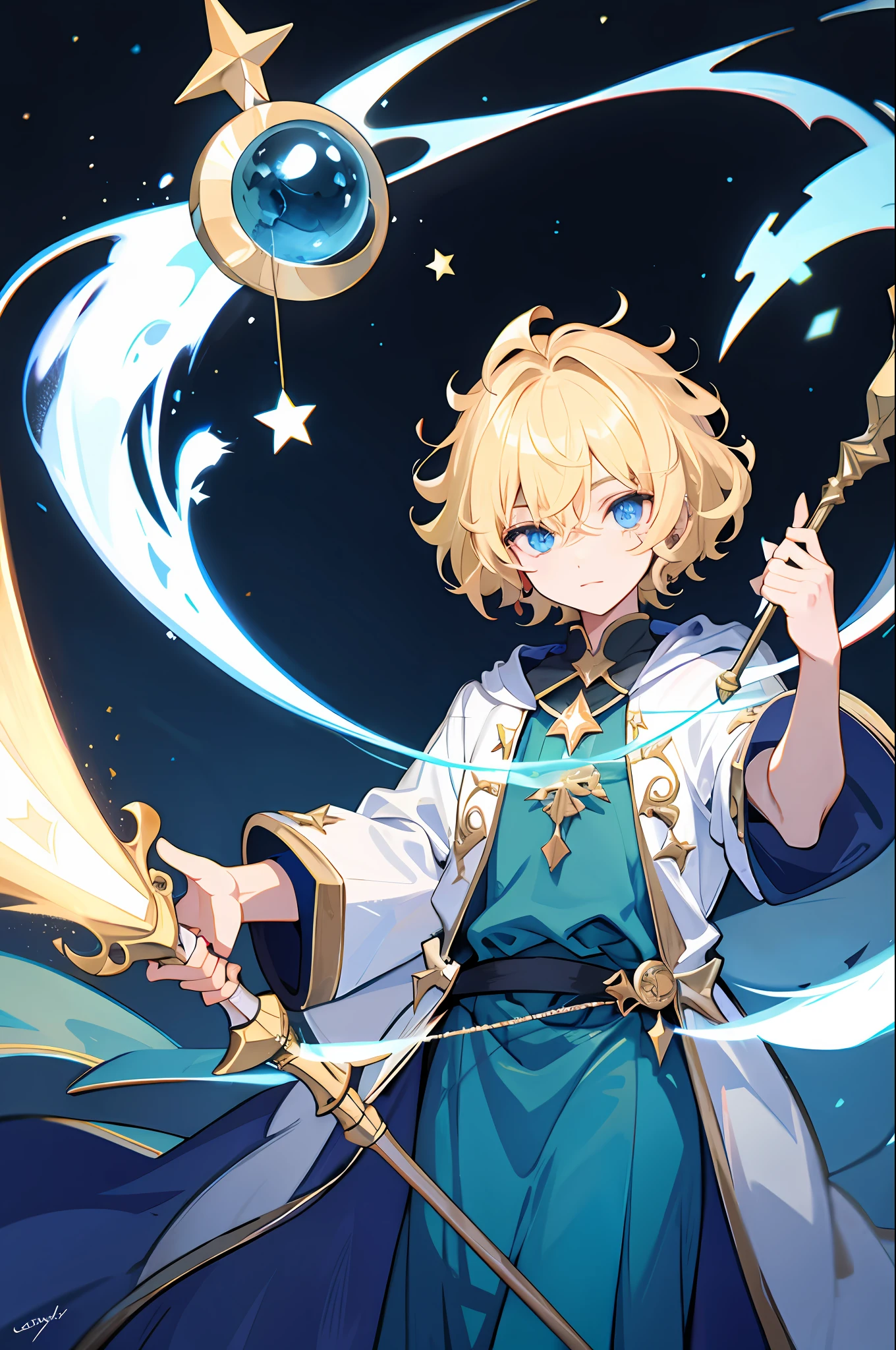 blonde boy, short curly hair, right eye has a glowing star, holding a staff, wearing wizard hat, cetus coda