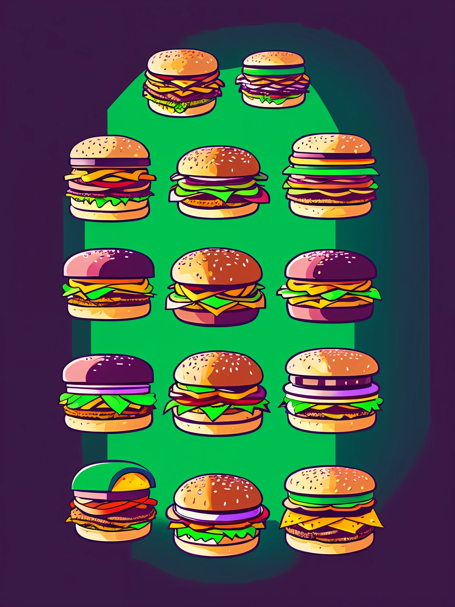 5 different hamburgers in LazrPopAI style,pixel art,2d,modern,minimalist,using green and purple colors,vibrant colors,minimalist