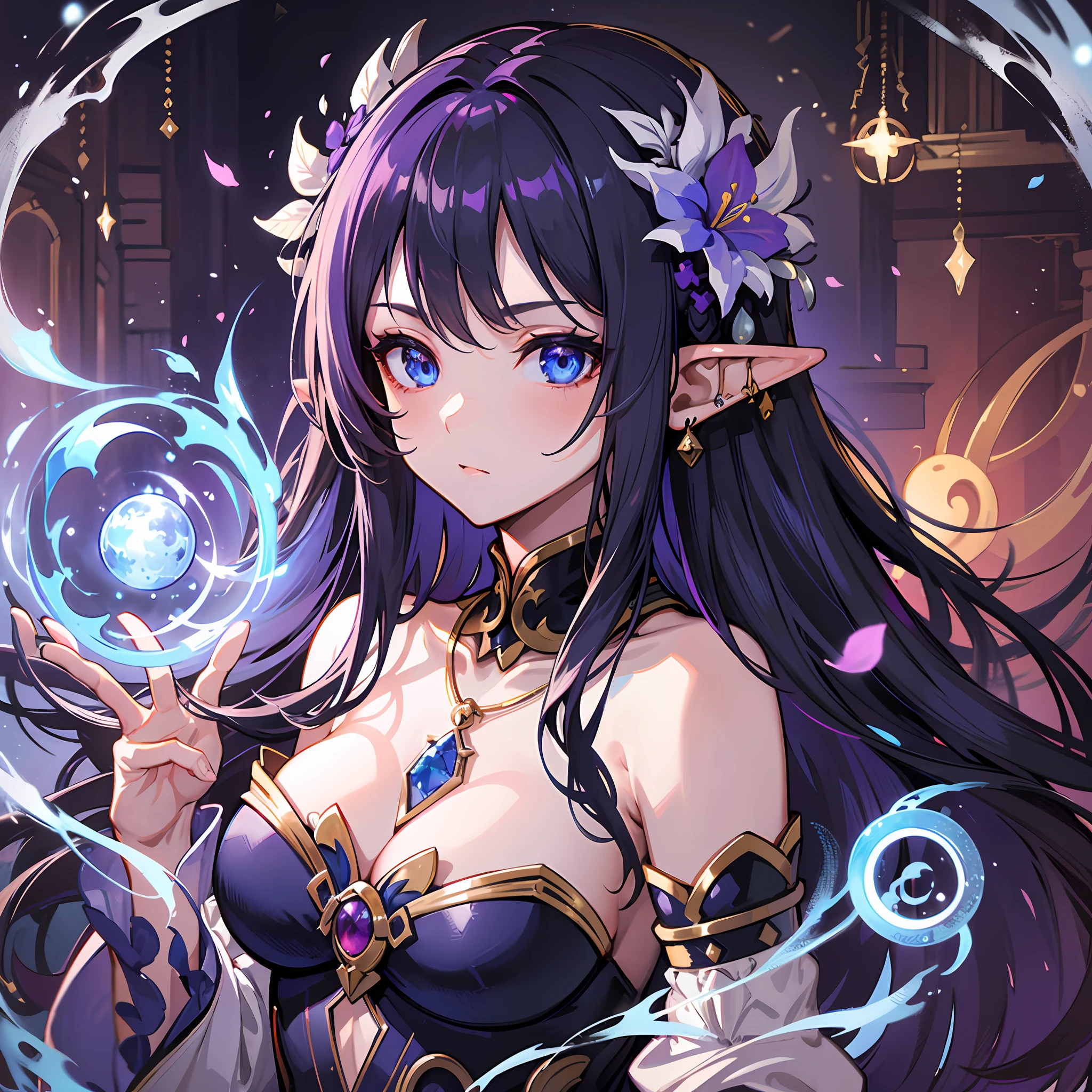 masterpiece, best quality, depth of field, beautiful detailed eyes, ultra-detailed, 8k wallpaper, elaborate features, 1girl, long hair, elf, blue eyes, serious, detached sleeves, crescent moon earring, gold flower hair ornament, platinum necklace, detached sleeves, medium breasts, arcane, purple flame ball, red feathers, magic surrounds, blue particles, magic circles all around, cinematic lighting, dark, night