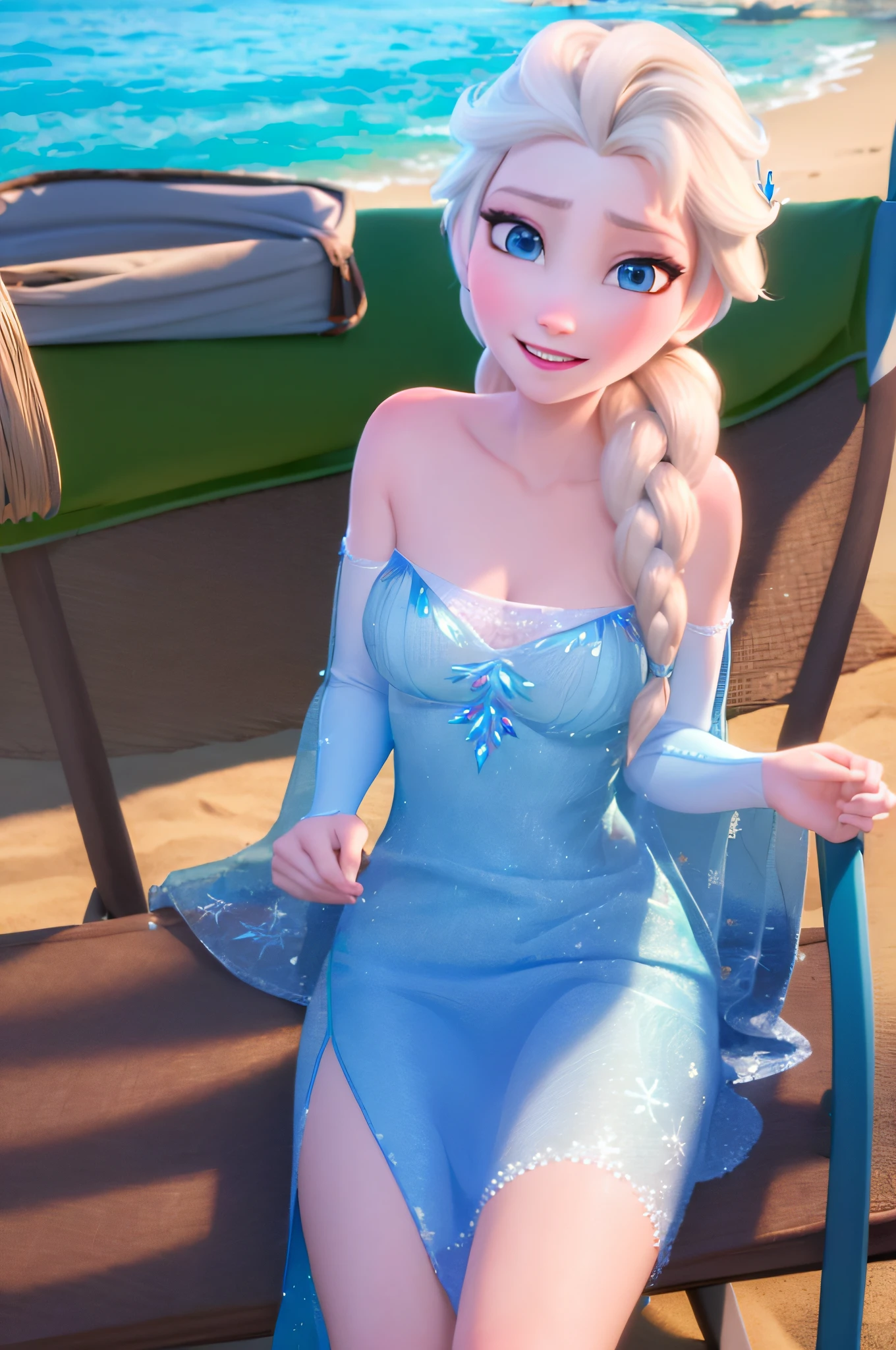 (masterpiece:1.4), (best qualit:1.4), (high resolution:1.4), elsa of arendelle, single braid, smile, beach, bikini, looking at viewer, hammock, hands behind back, lipbite