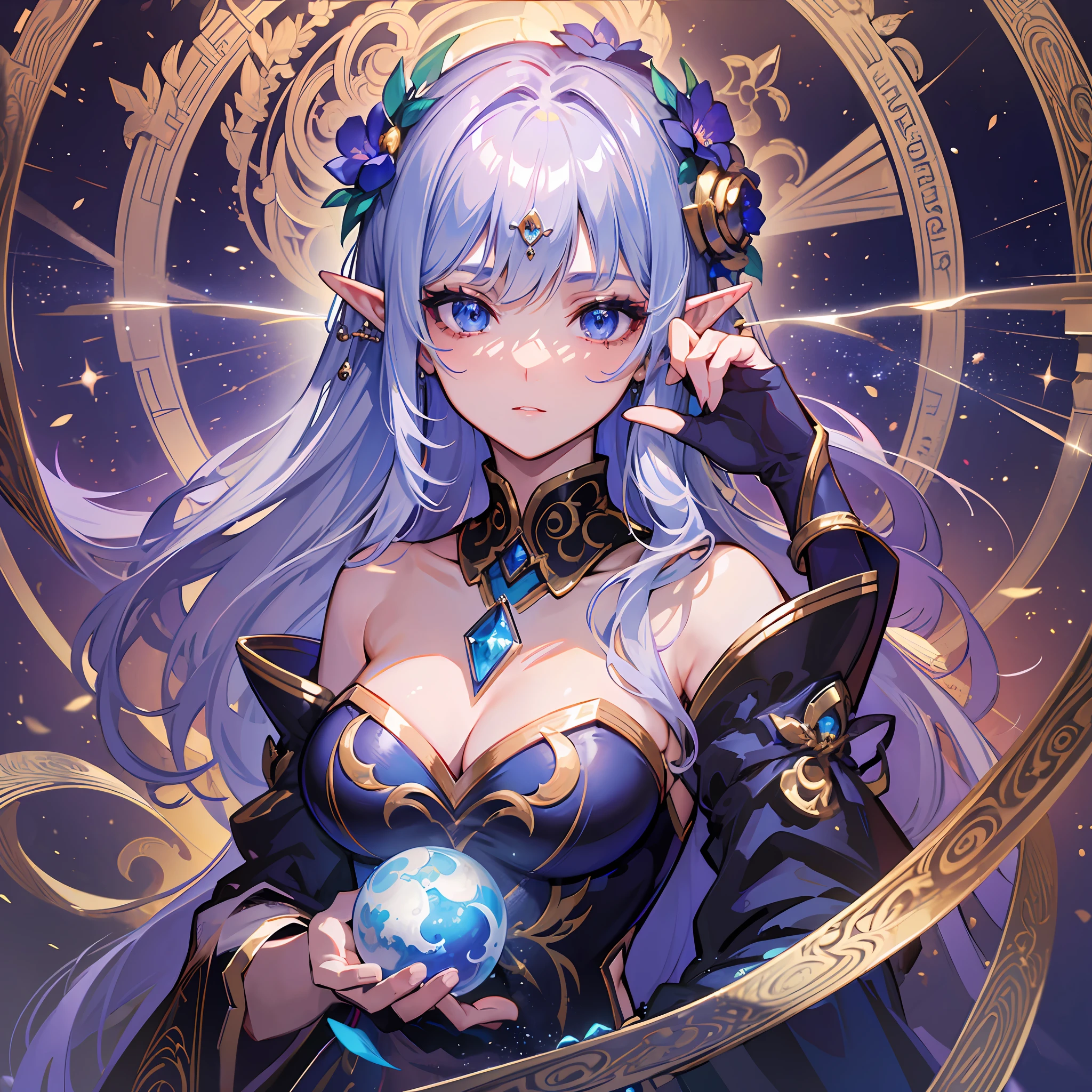 (masterpiece, best quality, extremely detailed CG, depth of field, beautiful detailed eyes, ultra-detailed, intricate details:1.2), 8k wallpaper, elaborate features, 1girl, long hair, elf, blue eyes, serious, detached sleeves, crescent moon earring, gold flower hair ornament, platinum necklace, detached sleeves, medium breasts, arcane, purple flame ball, red feathers, magic surrounds, blue particles, magic circles all around, cinematic lighting, dark, night