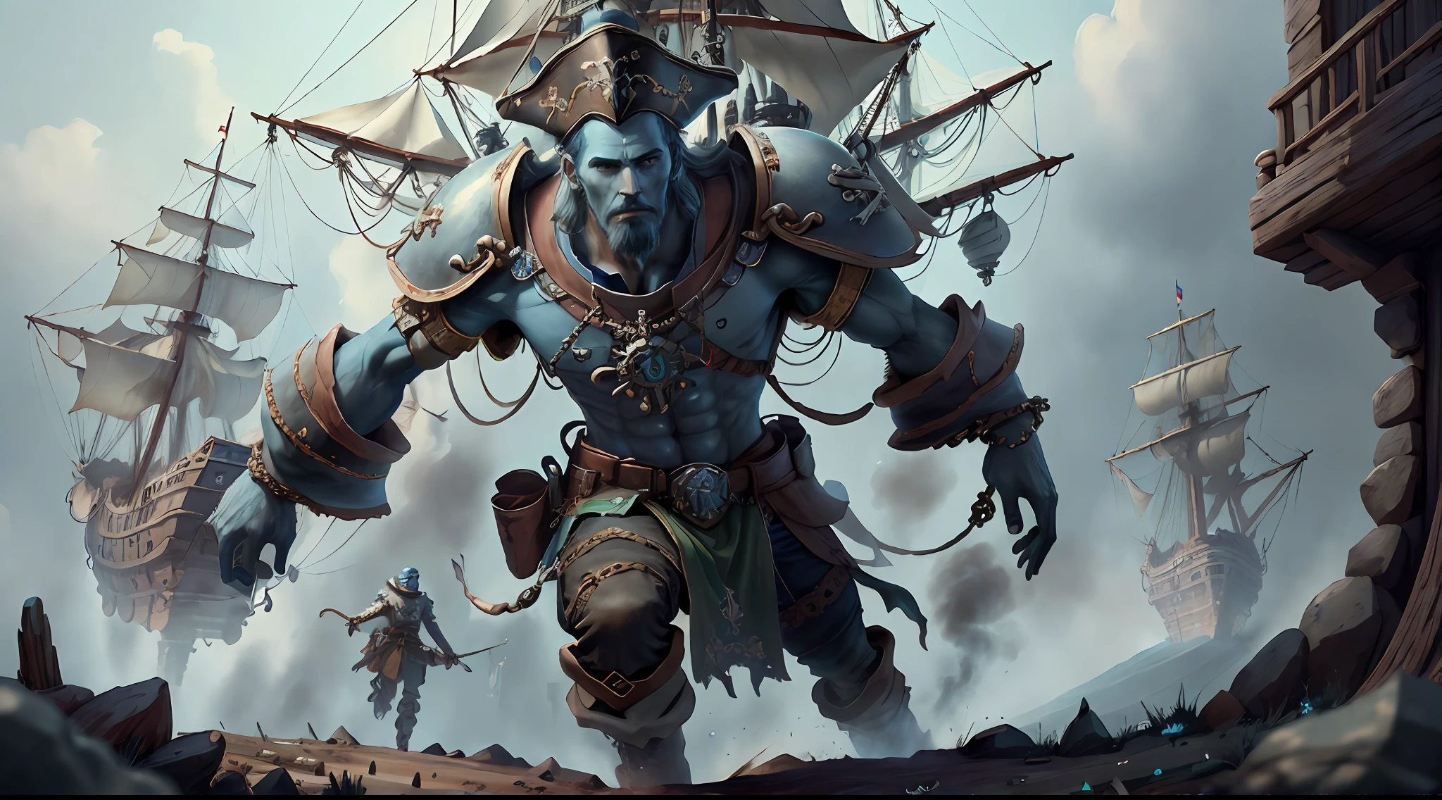 (((multi-person interaction, with men and women))), (highly detailed RAW color photos, absurd resolution, high resolution, super detailed), ((r 9 6 angles)), (blue skin), handsome, fearless and brave expression, mature, thin shoulders, very thin body, black captive dark pirate hat, (white dirty braids), vibrant green eyes, (detailed eyes and detailed face), extremely detailed 8k photos, (full body: 0.9), beautiful woman, overboard, off-ship background, Detailed face, (medieval fantasy theme: 1.3), light blue pirate themed armor with highly intricate details, blue pants, ship in background, inside the ship, deck of the ship, inspired by Dungeons & Dragons, digital artwork, surreal, photography, soft lighting, soft details, octane, artstation trend, super high detail, surreal, cinematic, 16k,