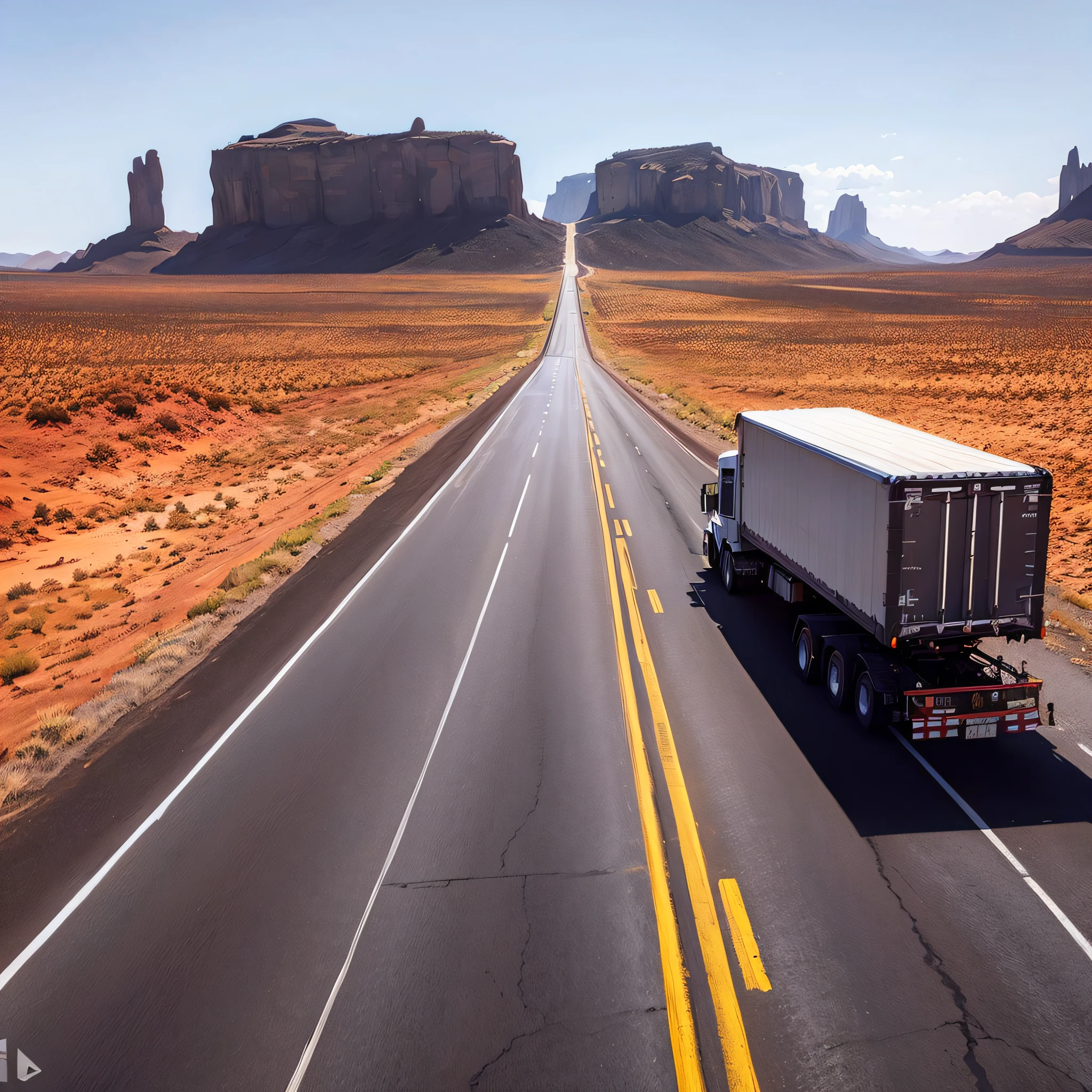 "((masterpiece)),a superior quality illustration, high resolution, at a dynamic angle and dynamic pose. (1 character) a transport truck (cargo truck), in a mountainous landscape. Clear sky with clouds, quiet environment and soft light, with the sunlight reflecting off the paint of the truck. "