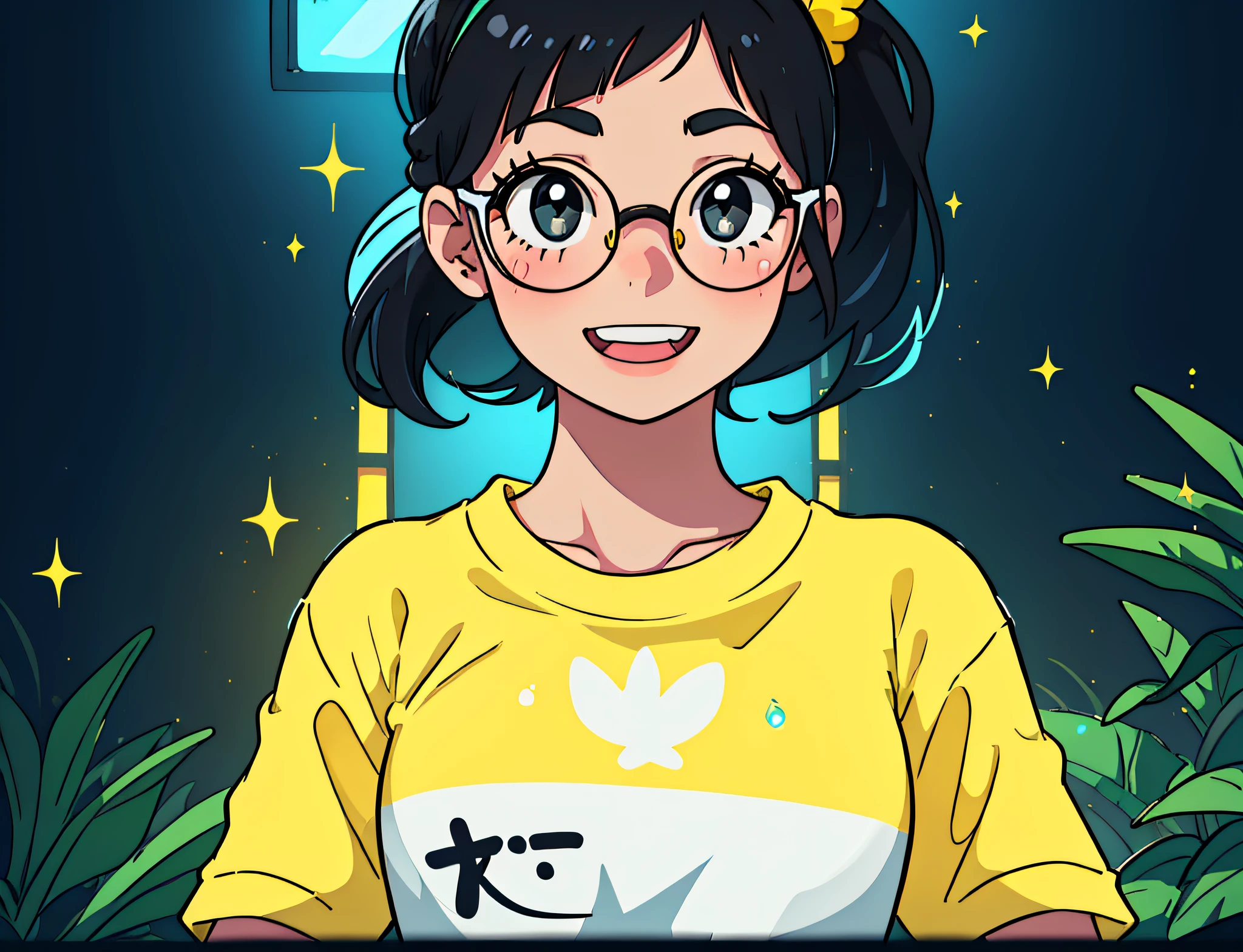 (brightly lit environment:1.2), (cute girl:1.2) with (ponytail hair:1.1) (black hair),black eyes, wearing white glasses, (cheerful expression:1.2) and (sparkling smile), (yellow T-shirt:1.1 wtih "Fashion watermarrk"), vibrant and colorful, blushing face, cute, medium chest,