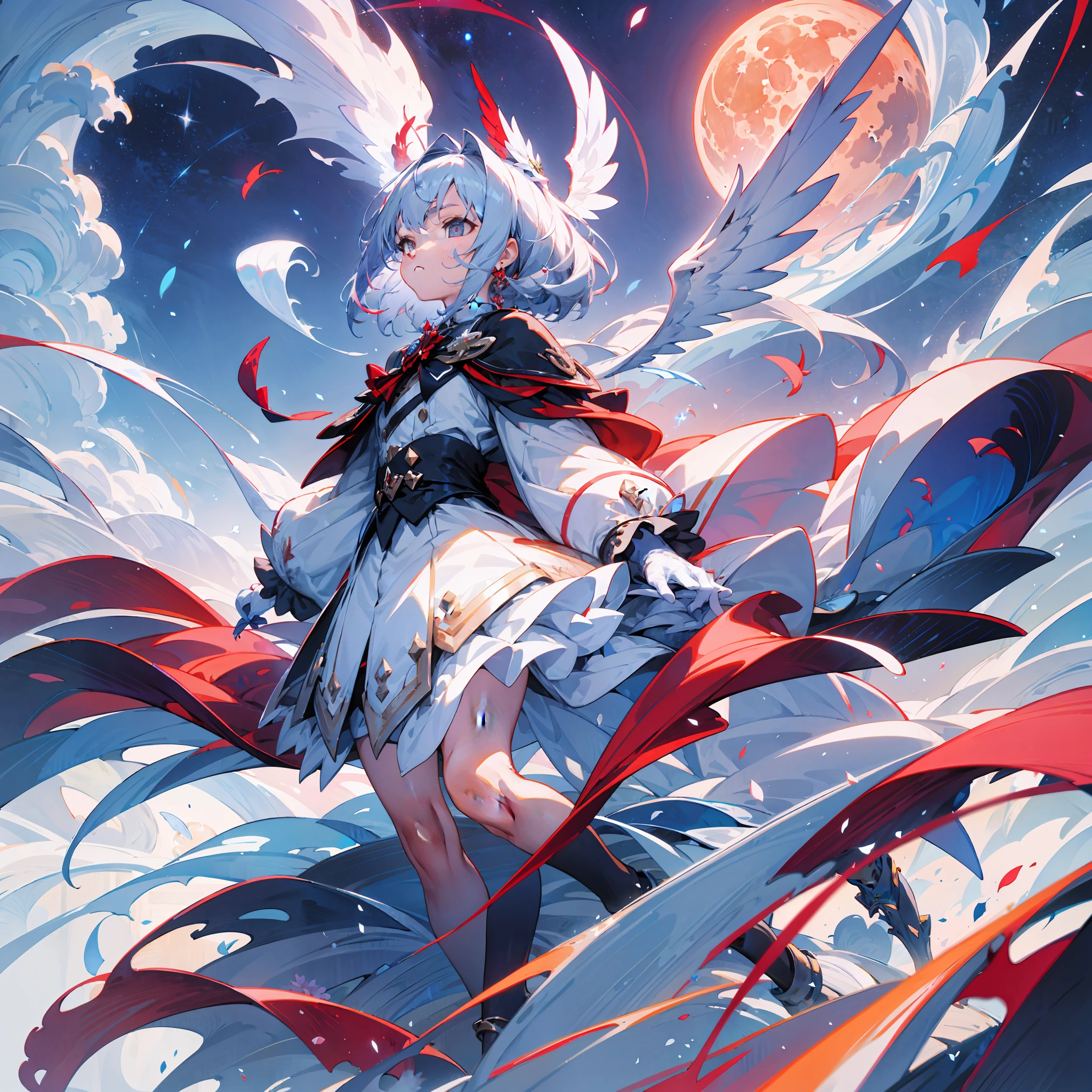 [(white background:1.5), ::5], wide shot, full body, 1girl, eternal moon, night sky, wind blowing, half body shot, cinematic, ((flowers in the colors: red and blue)), ((colors of clothing: white, silver, with red jewels)), detailed face, face focus, shiny skin, game cg, nigh sky, moonlight, moon, (wings 1.5), white gloves, magical girl, flying,great lighting, mountain in the back, swirls, absurdres,intricate detail, sharp focus, blurred foreground, (blush:0.5), (goosebumps:0.5), subsurface scattering, rogue,
