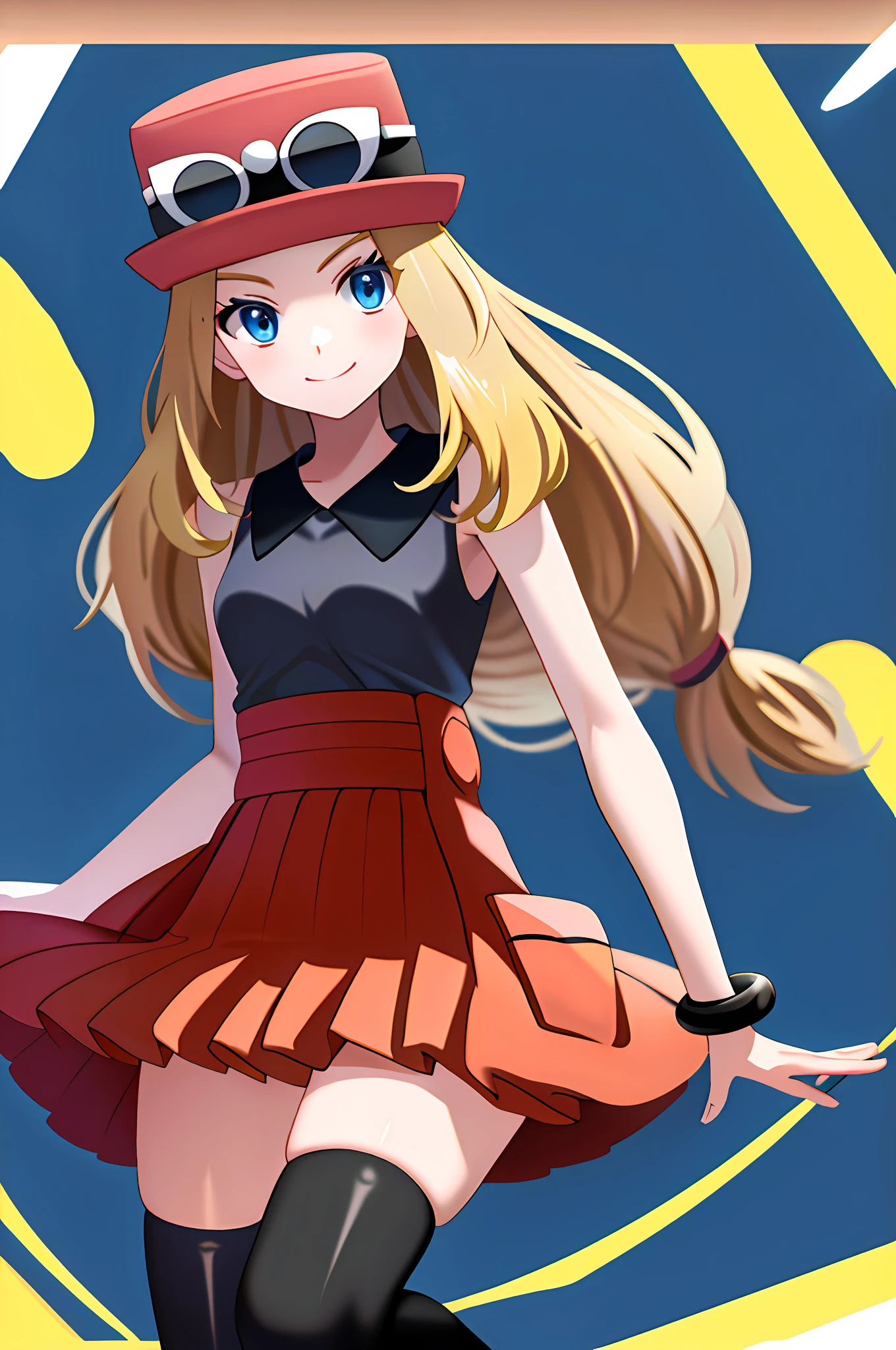 masterpiece, best quality, highres, blue eyes, serena \(pokemon\), 1girl, solo, thighhighs, long hair, hat, jewelry, bracelet, black thighhighs, collared shirt, pleated skirt, red skirt, sleeveless, high-waist skirt, sleeveless shirt, eyelashes, pink headwear, black shirt, eyewear on headwear, upper body, field, smile, closed mouth, sexy,