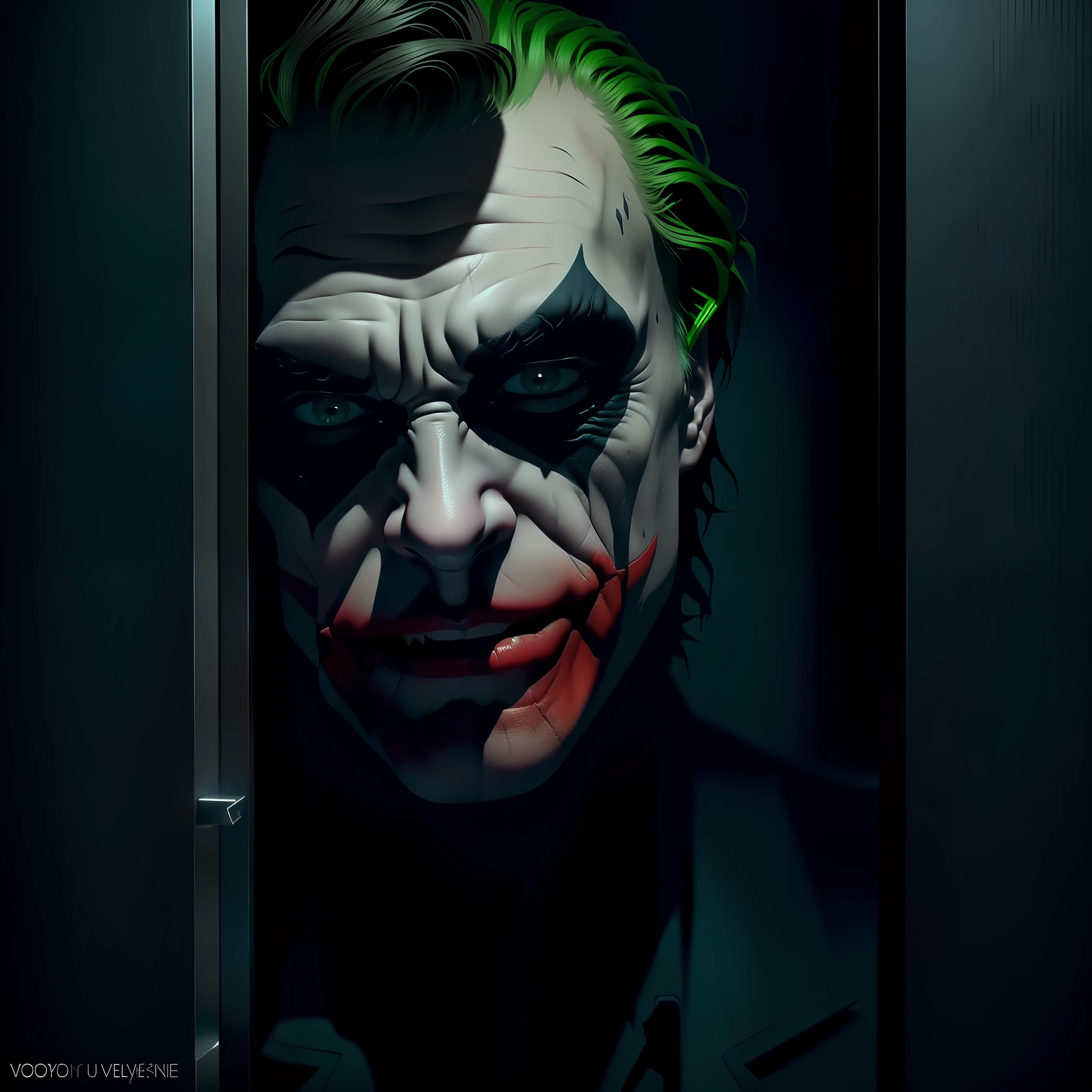 The the face of  Voyeur, medium close up view, the notorious villain, Joker of the dark knight, voyeuring from the slightly open door in to room, voyeuristic view, hip level shot, highly detailed, photorealistic, octane render, unreal engine, 8k resolution
