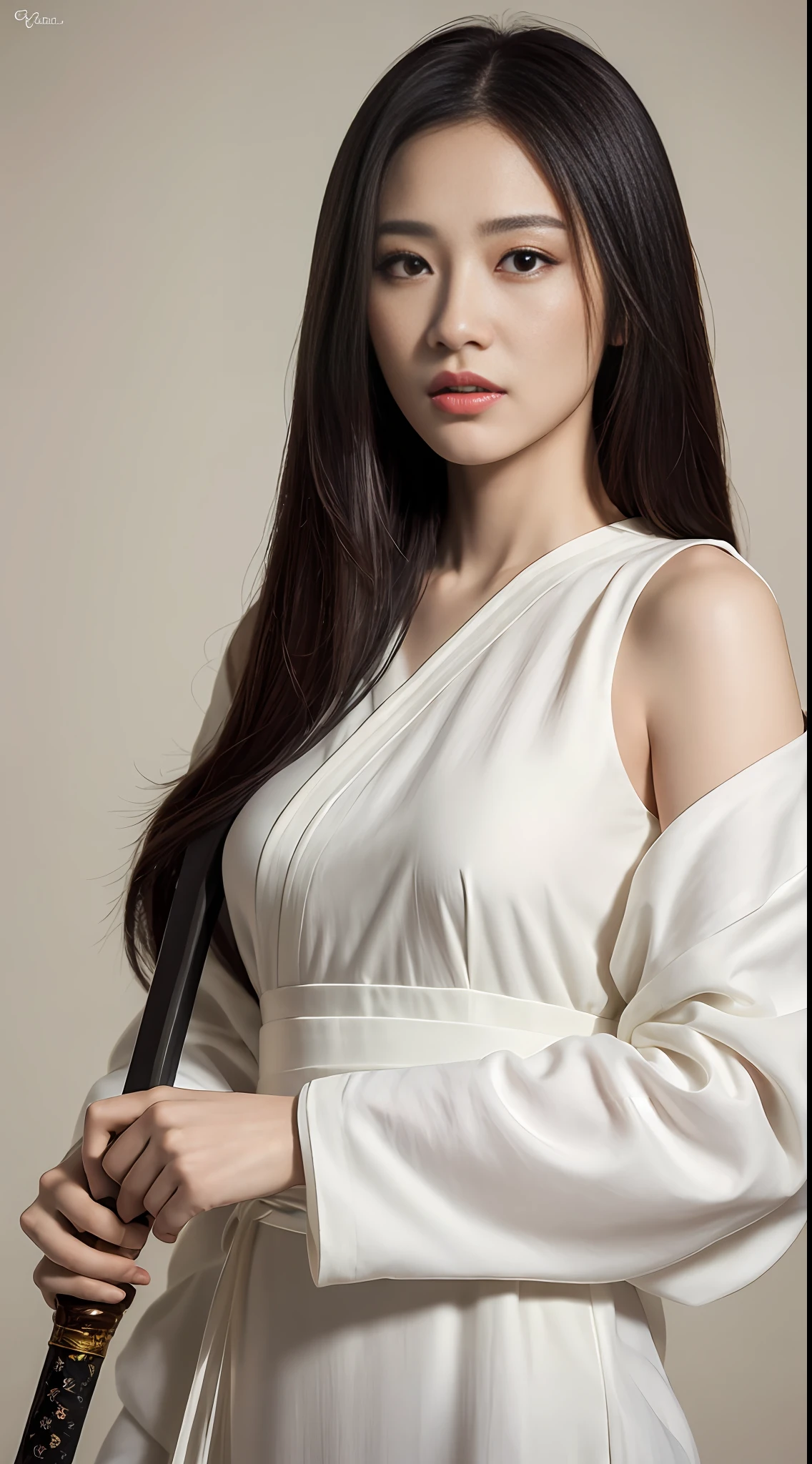 Close-up of a woman in a white dress holding a sword, portrait of Yang J, pop of cgsociety, fantasy art, beautiful character painting, Guvitz-style artwork, Guwiz, white Hanfu, flowing white robe, full body martial arts, epic exquisite character art, stunning character art, beautiful female assassin, ((top quality, 8k, masterpiece: 1.3)), sharp focus: 1.2,