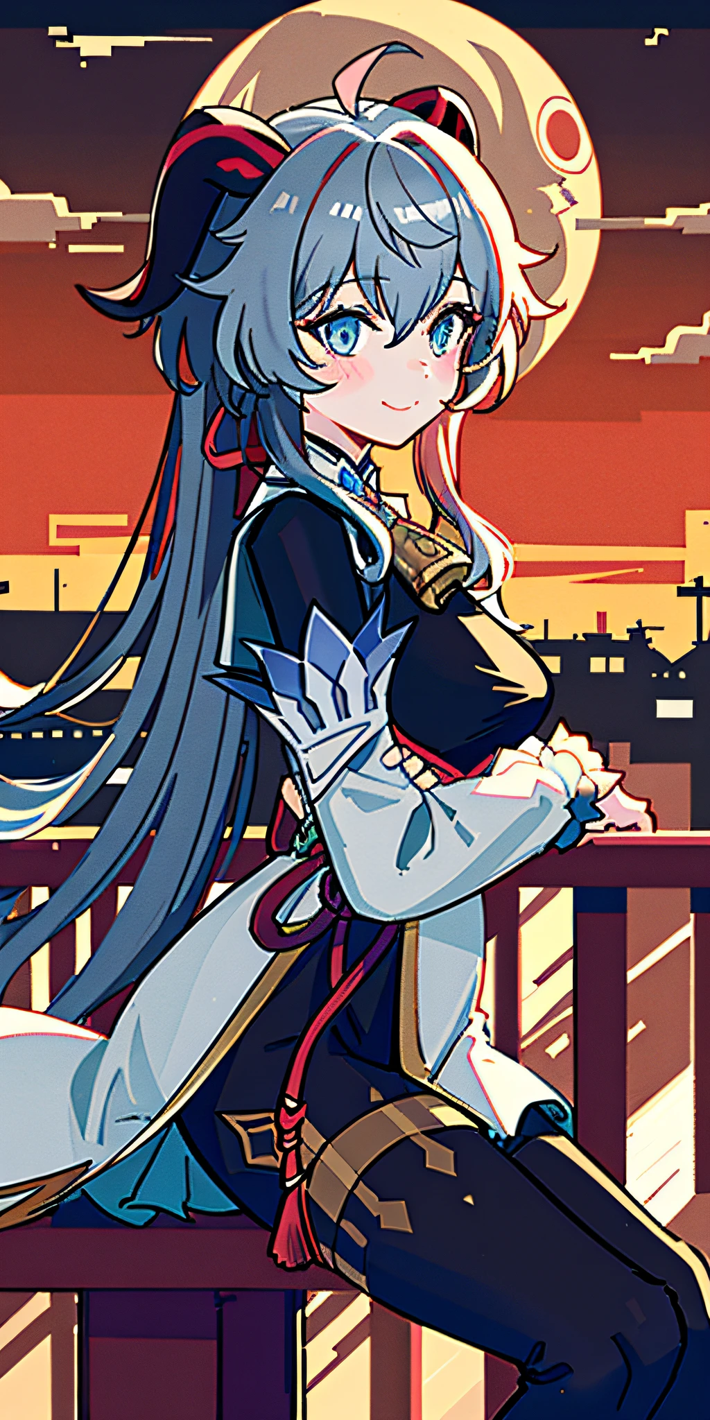 Candid Shot At Girl Picture, Volumetric Lighting, Best Shadows, Shallow Depth of Field, Portrait Of ganyu \(genshin impact\), Delicate Beautiful Attractive Face With Alluring Sharp Blue Eyes, Enjoying The Scenery, smile, Lovely Medium Breasts, Windswept Hair, Hair Ribbon, Blush Eyeshadow, Long Sleeve, Slim Waist, Black Thigh-High Stockings, Red Sky At Night, Clouds, School Rooftop, Under Red Moon, Rooftop Guardrails, Villagescape, Facing Away, Side View of Leaning On Railing, Body in Front, Head Looking at Side, black bodysuit, (Highest Quality, Amazing Details:1.25), (Solo:1.3), Brilliant Colorful Paintings