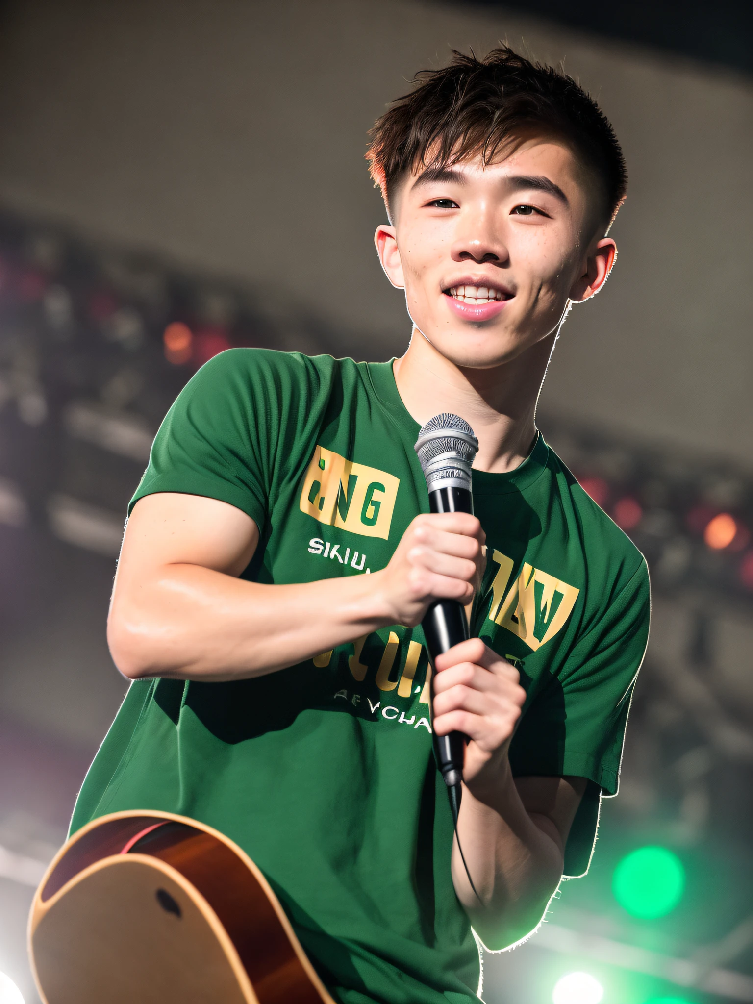 full frame, full body portrait, cute, male model, fit Chinese male, freckled pale  skin, wet hair, green-brown eyes, (skin texture), (singer on stage:1.4), skin pores, shallow depth of field, sharp eye focus, backlit, bokeh