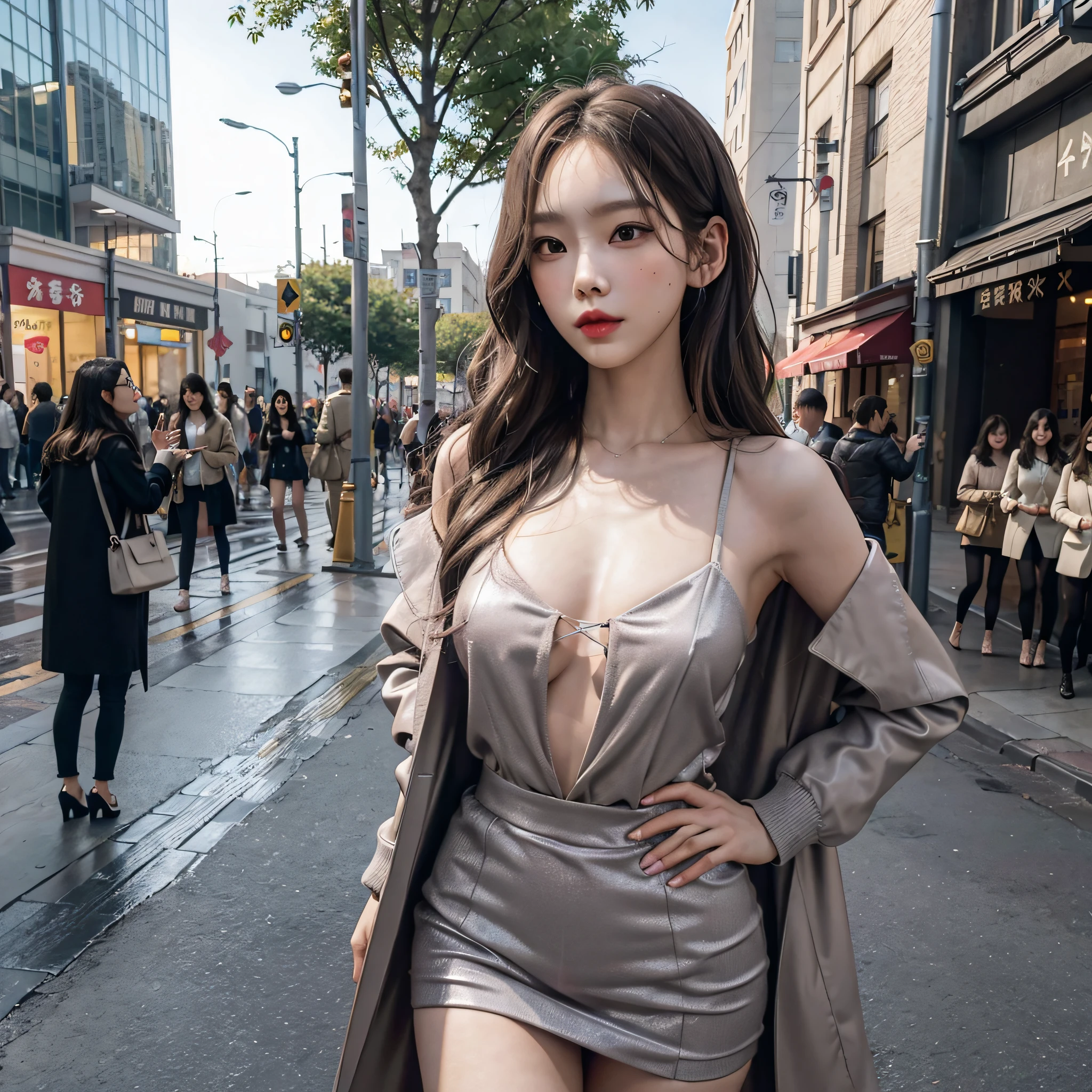 extremely detailed CG unity 8k wallpaper,(masterpiece),(best quality),(ultra detailed),(ultra realistic),(Best character details:1.36),nikon d750 f/1.4 55mm,dynamic angle,professional lighting, photon mapping, radiosity, physically-based rendering,
outdoors,busy street,looking at viewer,blush,
1girl,young female,tall body,golden proportions,(Kpop idol),(shiny skin:1.2),(oil skin:1.1),makeup,[:(high detailed face:1.2):0.2]:,PureErosFace_v1,
((wavy gray hair and a sophisticated sense of style)),(aegyo sal:1),(puffy eyes),(eyelashes:1.1),(parted lips:1.1),red lipstick,wide shoulders,(medium breasts:1.1),(cleavage:1.1),animal ears,(big ass:1.2),thighhighs,
 silk coat, song, song Dynasty, song clothing