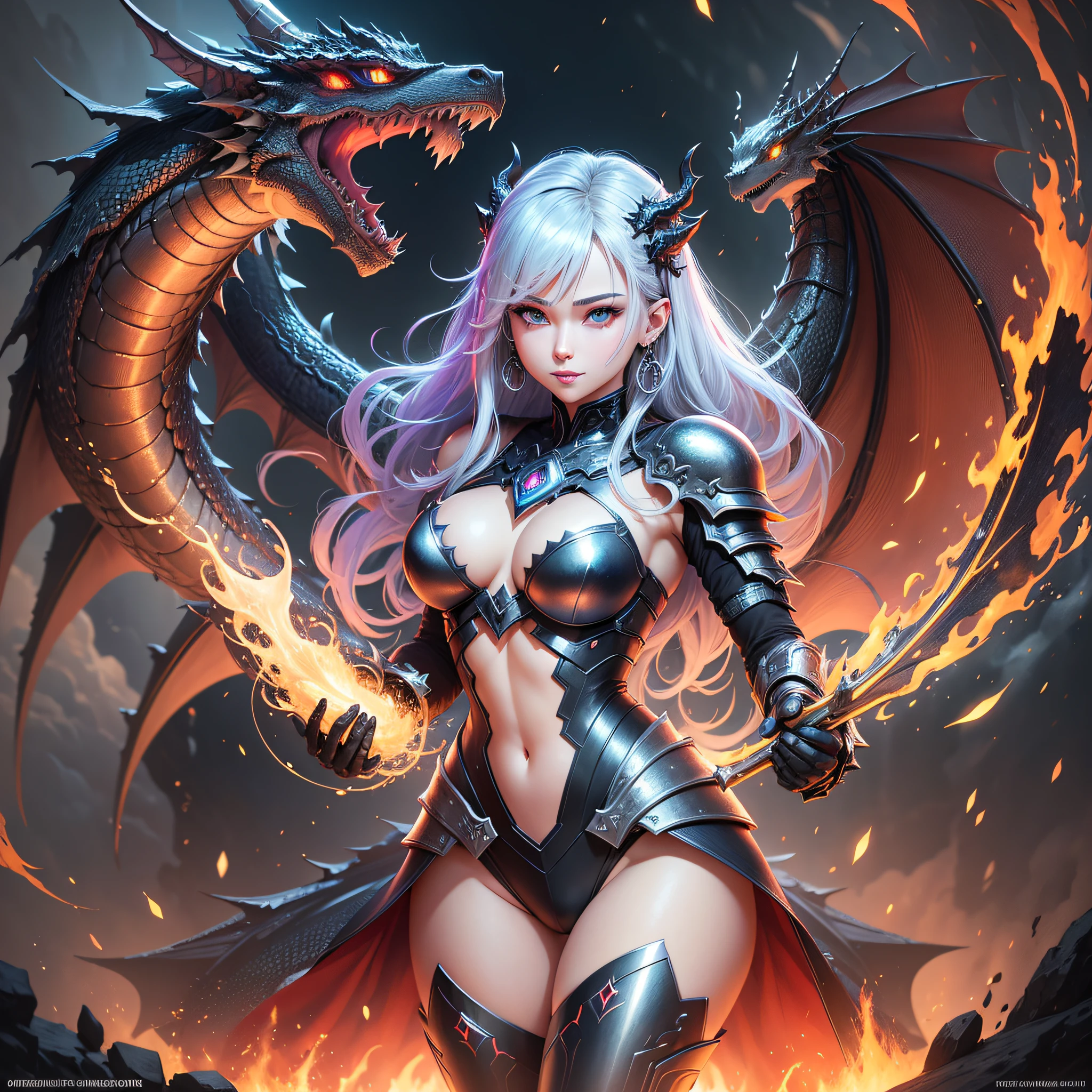 a woman in a black two piece armor, extremely detailed artgerm, epic fantasy art style, epic fantasy digital art style, queen of dragons, artgerm and rossdraws, epic exquisite character art, epic fantasy art style hd, dragon queen, epic fantasy style art, :: rossdraws, ig model | artgerm, inspired by rossdraws ,life like, high definition, high resolution,Fantasy,beautiful smile, Cybernetic, dragon, legendary dragon,terrifying dragon,mythical dragon, fire breathing dragon, dynamic pose, vibrant eyes, silver hair, multicolored eyes, aqua eyes, purple eyes, earrings, parted lips, licking lips, heavy breathing, naughty, sparkle, god rays, super detail, high quality, anatomically correct,ultra realistic, beautiful, young, female hybrid, young woman, hybrid, beautiful woman, hybrid dragon horns, camel toe, dragon hybrid,dragon scale,armor,bust,inner thigh, breasts,emerald,black,blue,dragon scales, textured skin, realism, amazing,intelligent, best quality,full body, guweiz on artstation pixiv, flaming nova,fire in the sky, fantasy, space, battle ship, resolution 4098x2160, 8k --auto --s2