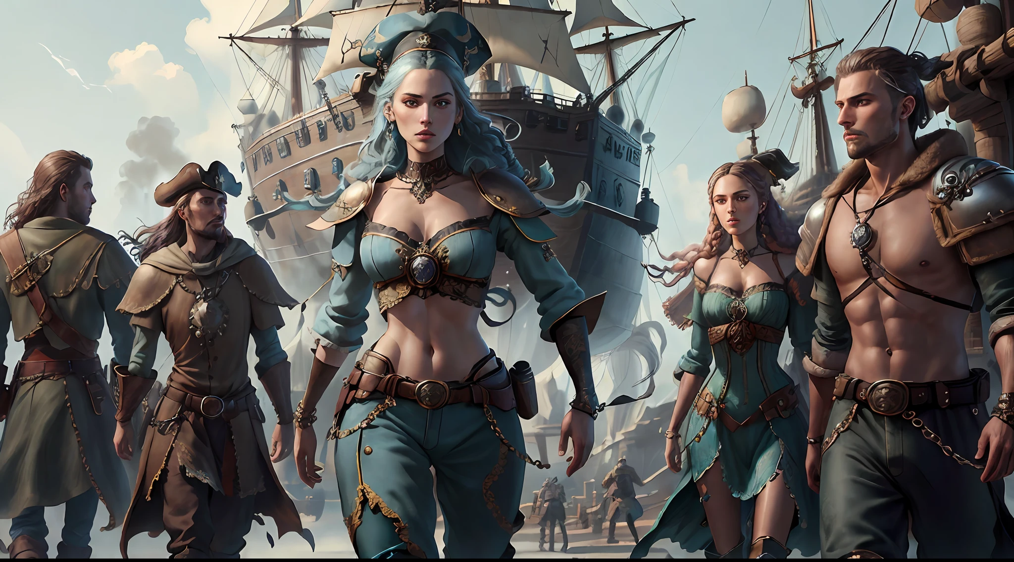 (((Multi-person interaction, with male and female))), (Highly detailed RAW color photo, ridiculous resolution, high resolution, super detailed), ((r 9 6 angles)), blue skin, handsome, fearless and brave expression, mature, thin shoulders, very thin body, black captive dark pirate hat, white dirty braids, vibrant green eyes, (detailed eyes and detailed face), extremely detailed 8k photo, (full body: 0.9), beautiful woman, overboard, offboard background, detailed face, (Medieval Fantasy Theme: 1.3), Light Blue Pirate Theme Armor with Highly Intricate Details, Blue Pants, Ship in the Background, Inside the Ship, Deck of the Ship, Inspired by Dungeons & Dragons, Digital Artwork, Surreal, Photography, Soft Lighting, Soft Detail, Octane, ArtStation Trend, Ultra High Detail, Surreal, Movie, 16k,