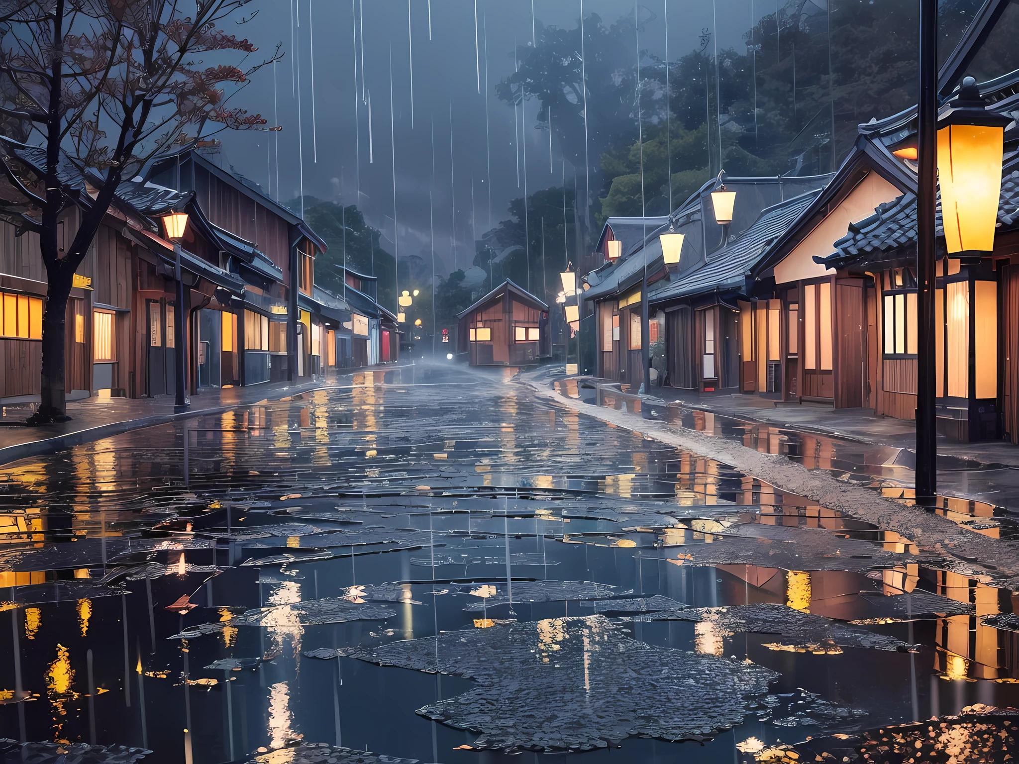 depicting a rainy night in a Japanese village. The rain falls relentlessly, creating a liquid veil that surrounds every element of the scene. The drops dance in the air, creating a liquid symphony that echoes through the landscape. The dim light of the lanterns is refracted by the raindrops, forming magical glow points that illuminate the darkness. The streets of the village are transformed into liquid mirrors, reflecting the soft, blurry colors of the soggy wooden houses. Each careful brushstroke captures the texture of the raindrops, conveying a tangible sense of moisture and freshness. The atmosphere is charged with melancholy and introspection, inviting the viewer to lose themselves in the sad and serene beauty of the night rain. --auto --s2