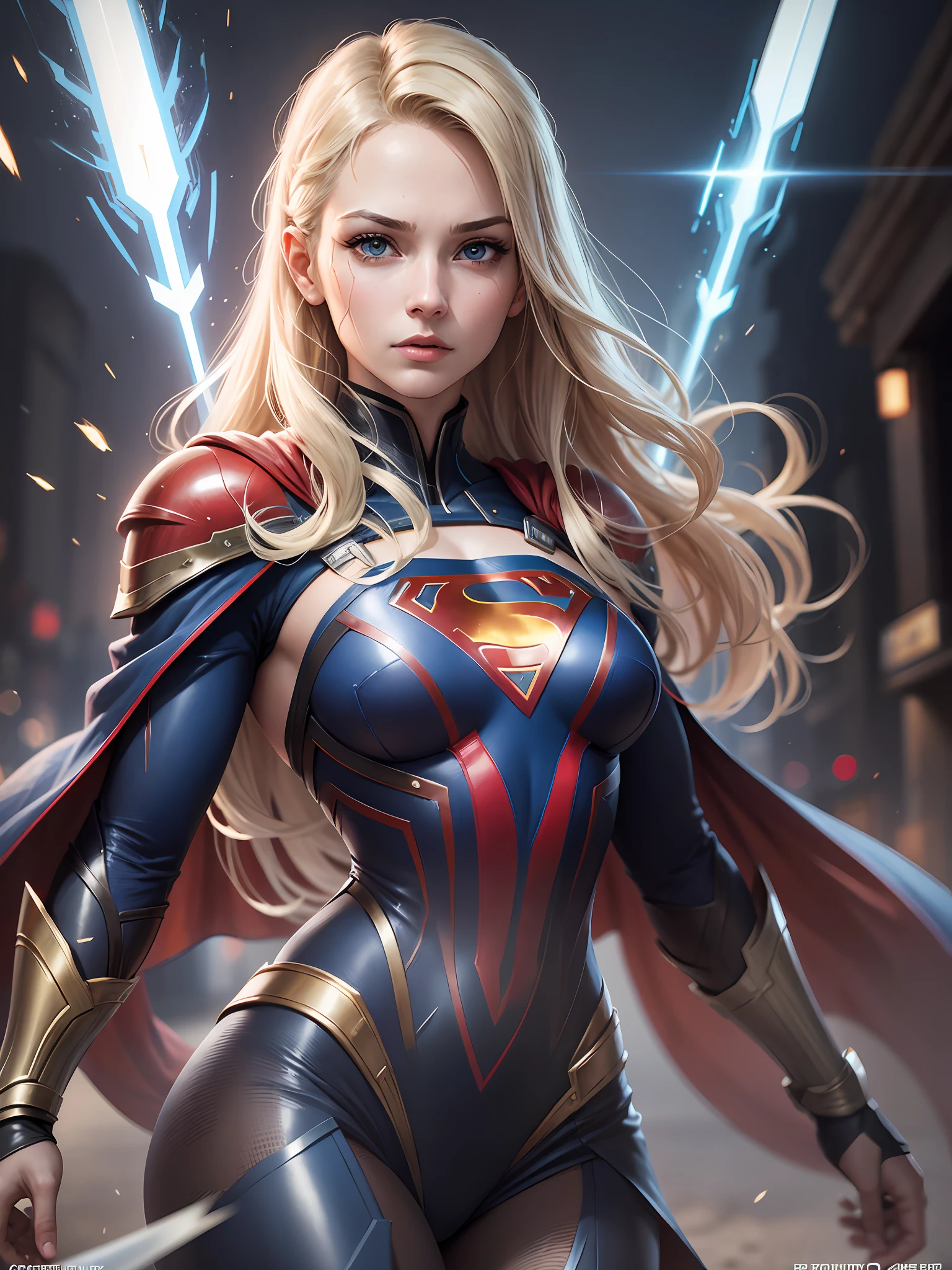 supergirl, best quality, movie, official art, sand, nature advertising art, movie wallpaper, very detailed cg uniform,4k wallpaper, intricate details, white background, upper body, facial focus, full body, full,sexy,concept art, making art, high resolution, (realistic, realistic: 1.2), physically based rendering, mechanics, reflections, realism, cyberpunk, symmetry, front view, close up, avatar ,eyes ,symmetry ,face, very sharp ,realistic ,focus , Grant Mask Painting, Movie Light, Wick, (Illustration: 1.1), Thin, Fair Skin, Delicate Face, King's Robe, Glow, Pantyhose, (Long Blonde Hair), Blue Eyes, Ultra Southern Symbol Chest S, Battlefield, Chip, Glow, Sword