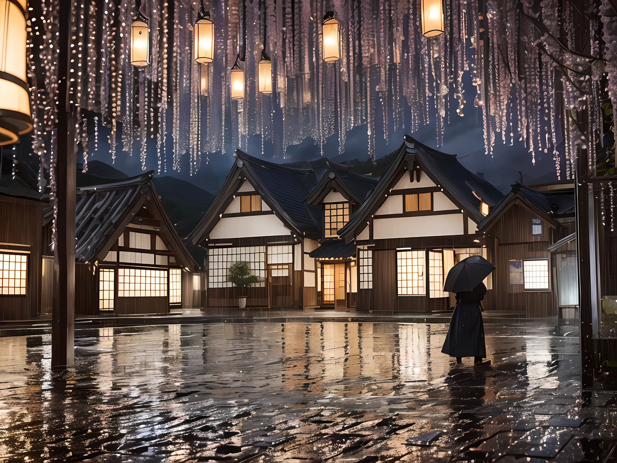 depicting a rainy night in a Japanese village. The rain falls relentlessly, creating a liquid veil that surrounds every element of the scene. The drops dance in the air, creating a liquid symphony that echoes through the landscape. The dim light of the lanterns is refracted by the raindrops, forming magical glow points that illuminate the darkness. The streets of the village are transformed into liquid mirrors, reflecting the soft, blurry colors of the soggy wooden houses. Each careful brushstroke captures the texture of the raindrops, conveying a tangible sense of moisture and freshness. The atmosphere is charged with melancholy and introspection, inviting the viewer to lose themselves in the sad and serene beauty of the night rain. --auto --s2