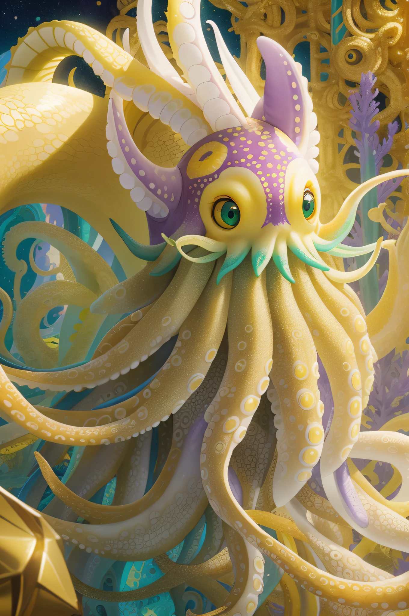 cephalopod, (cephalopod), white and purple tentacles, golden yellow feathers, covered in golden yellow feathers, yellow markings, green eyes, masterpiece, Best Quality