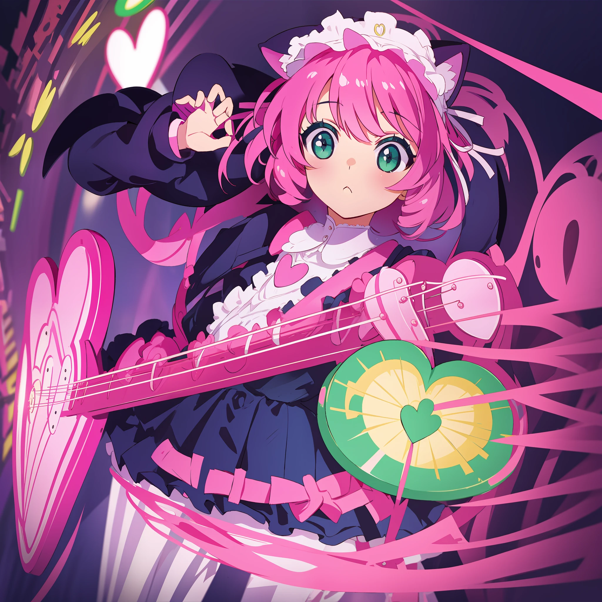 Cute, with a heart-shaped guitar, pink guitar, green eyes, cat ears, maid dress