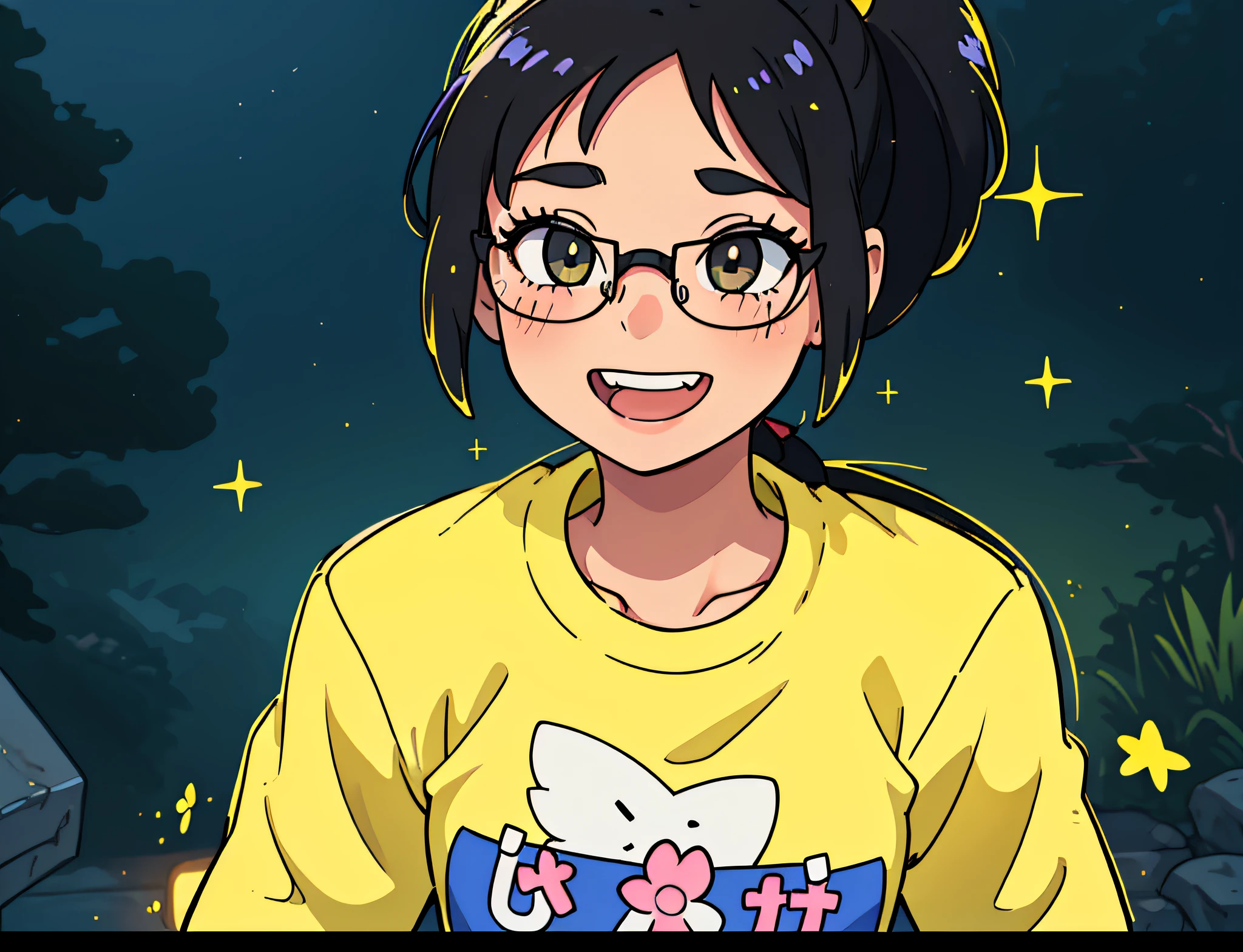 (brightly lit environment:1.2), (cute girl:1.2) with (ponytail hair:1.1) (black hair),black eyes, wearing white glasses, (cheerful expression:1.2) and (sparkling smile), (yellow T-shirt:1.1 with "Fashion" watermark), vibrant and colorful, blushing face, cute, medium chest,
