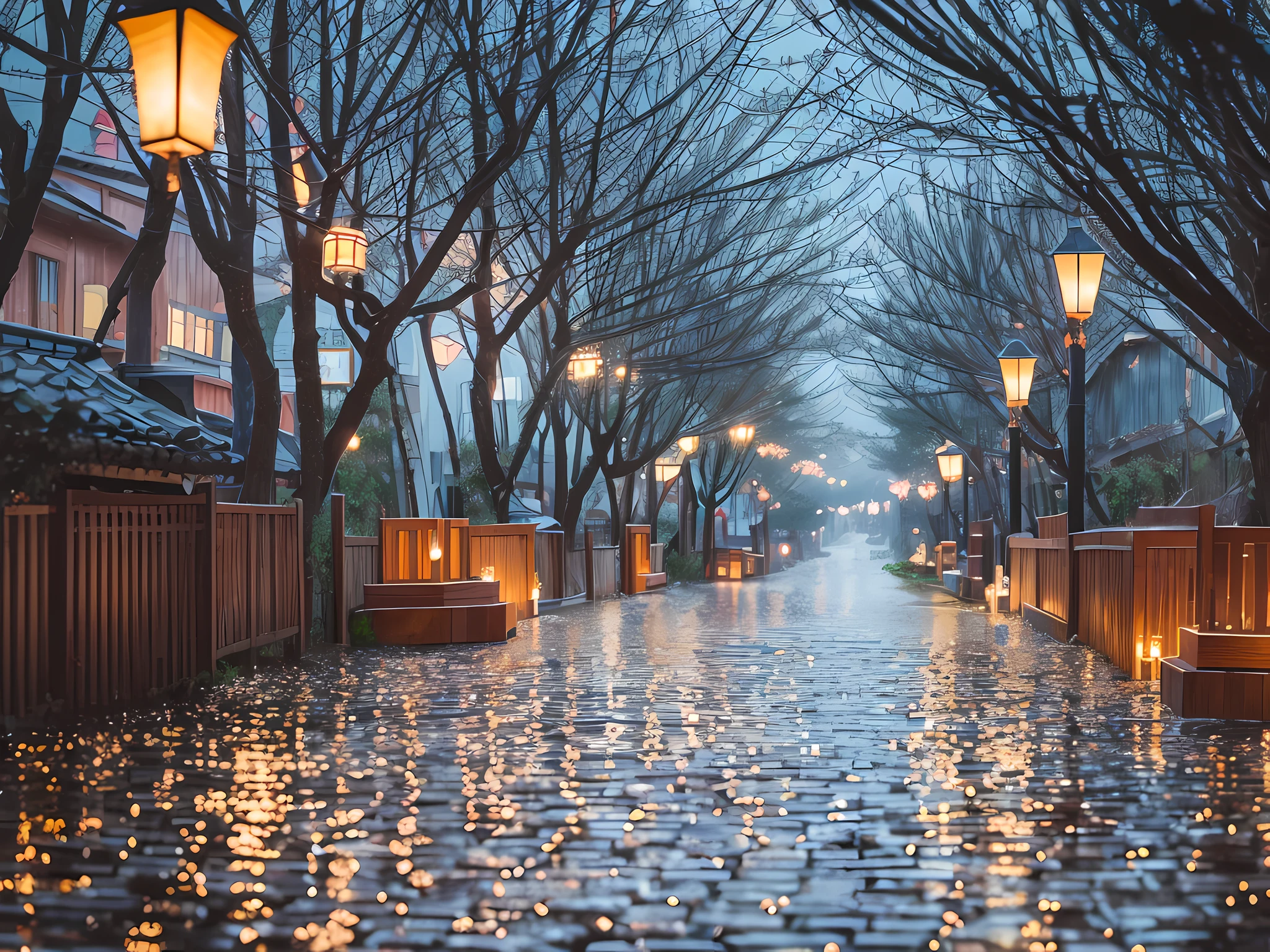 depicting a rainy night in a Japanese village. The rain falls relentlessly, creating a liquid veil that surrounds every element of the scene. The drops dance in the air, creating a liquid symphony that echoes through the landscape. The dim light of the lanterns is refracted by the raindrops, forming magical glow points that illuminate the darkness. The streets of the village are transformed into liquid mirrors, reflecting the soft, blurry colors of the soggy wooden houses. Each careful brushstroke captures the texture of the raindrops, conveying a tangible sense of moisture and freshness. The atmosphere is charged with melancholy and introspection, inviting the viewer to lose themselves in the sad and serene beauty of the night rain. --auto --s2
