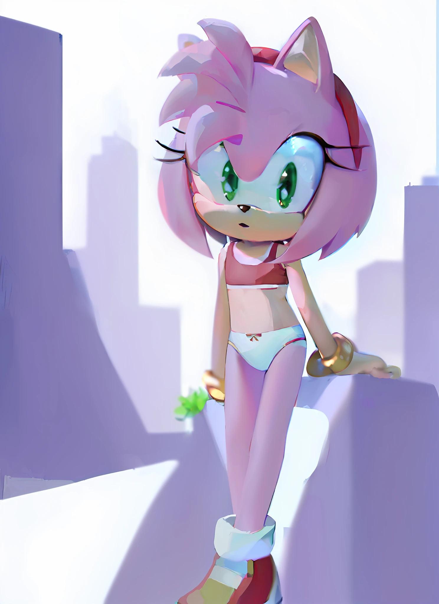 "(((masterpiece))),4k resolution,extremely delicate and beautiful,dynamic angle and pose,(1girl), animal nose,. Amy rose,withe sport bra, white panties, sfw, (( thin )), 12 years old girl, (( thin legs )), golden brasalet both arms, alone, looking at viewer, night, city background, on building roof, little breast