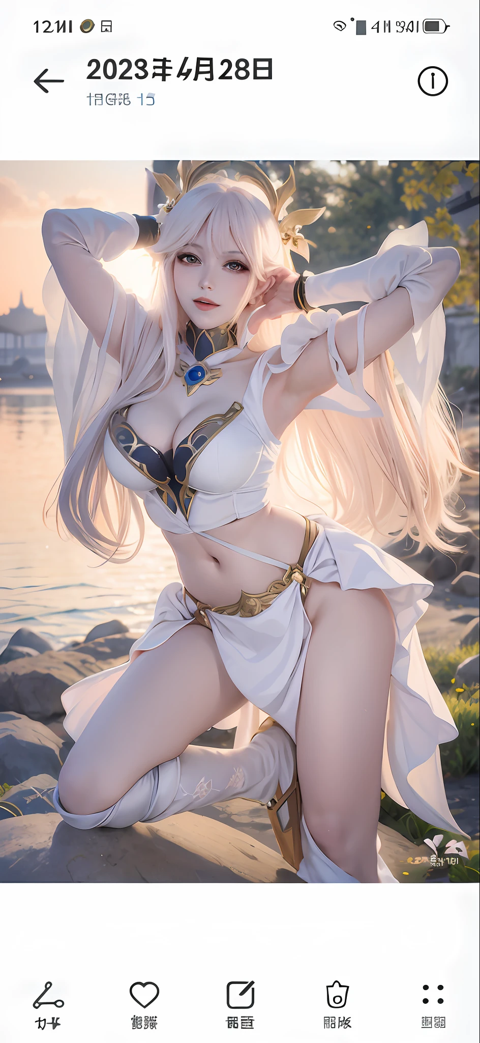 a close up of a woman in a white outfit posing on a rock, anime goddess, elegant glamourous cosplay, anime girl cosplay, the sailor galaxia. beautiful, from lineage 2, glamourous cosplay, cosplay photo, keqing from genshin impact, wlop and sakimichan, irelia from league of legends, blonde goddess, cosplay