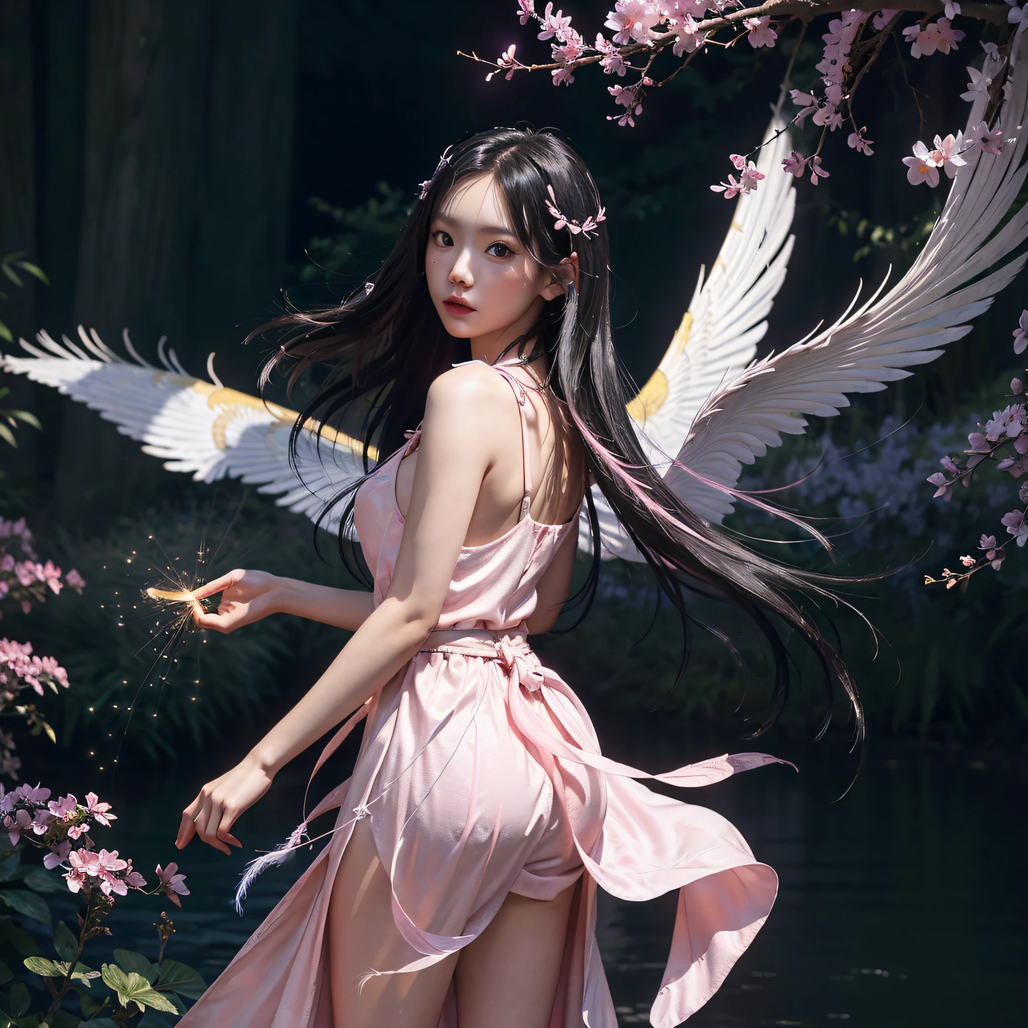 (Masterpiece, Top Quality, Best Quality, Extreme Detail, Supreme Detail, Official Art, Beauty and Aesthetics: 1.2), Colorful, Denim Shot, Upper Body Shot, Beautiful Face, Solo, Perfect Body, On Sky Clouds, Flying in the Sky, Portrait of a Girl, Silver Gradient Hair, (Black Hair| Pink hair: 1.2), fairy, flowing streamers, sexy, sun rays, clouds, full body, hanfu, chinese clothes, water, fireflies, night, starry sky, jewelry, feathers on dresses, peacock feathers, light particles, volumetric lighting, ray tracing (flowing streamers: 1.1), (fantasy novels: 1.2), illuminators, stars, fantasy, high contrast, ink strokes, overexposure, purple and red tone impressions, abstract, (watercolor paintings by John Berkey and Jeremiman)) brush strokes,