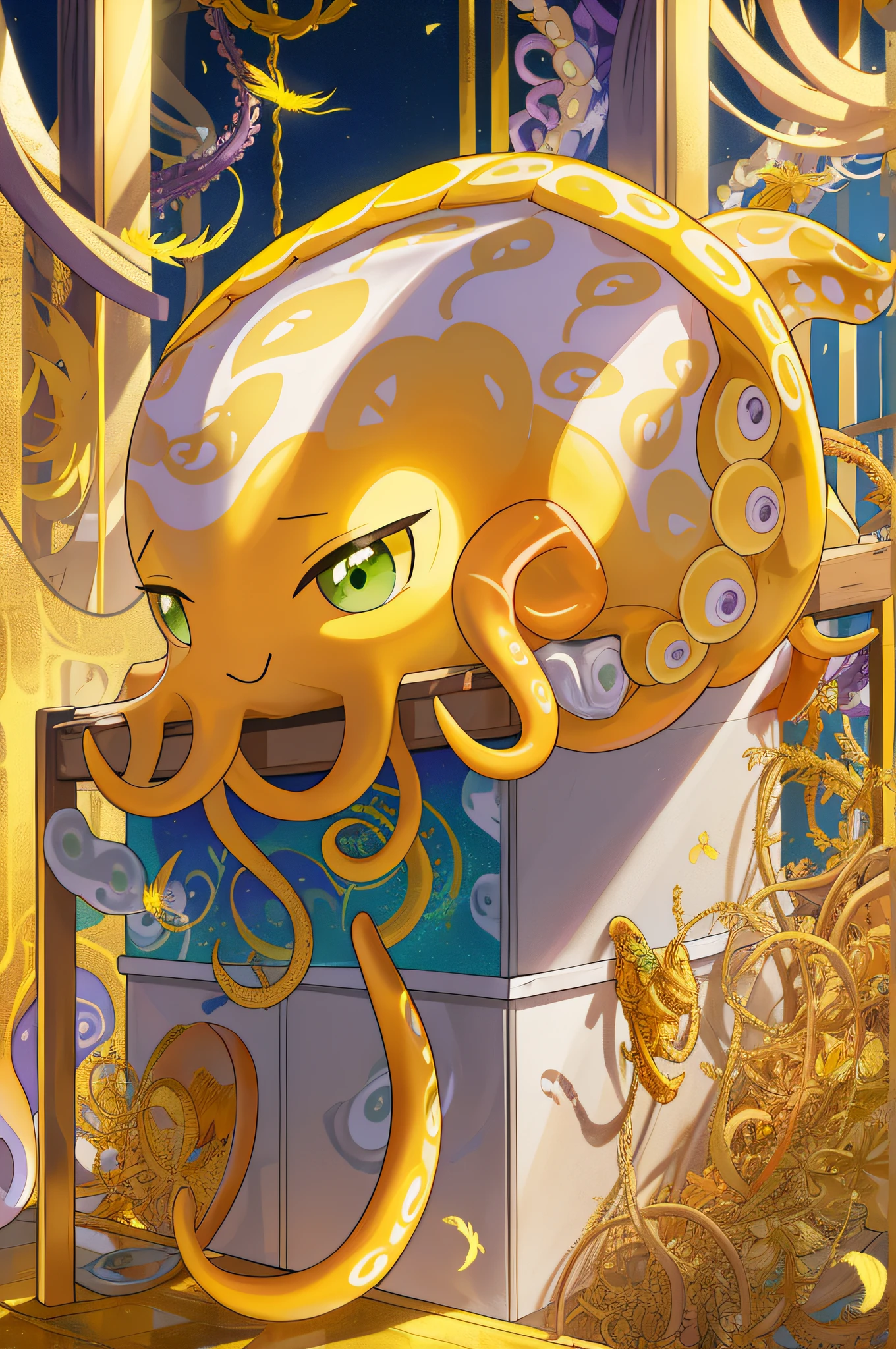 cephalopod, (cephalopod), white and purple tentacles, golden yellow feathers, covered in golden yellow feathers, yellow markings, green eyes, masterpiece, Best Quality