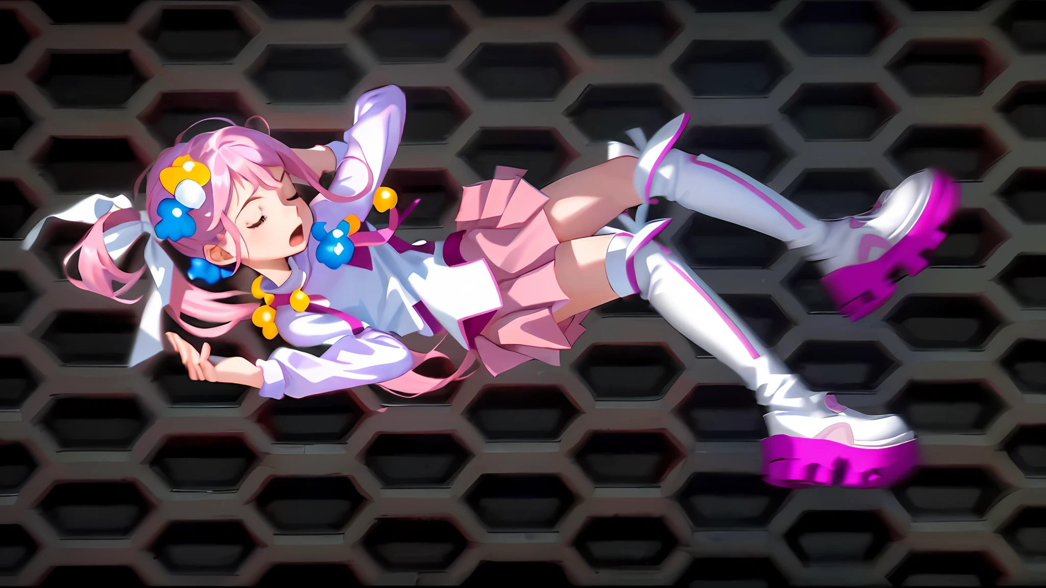 (Masterpiece: 1.5), (Best quality: 1.5), 8k,1 girl, eyes closed, mouth open, scream, my pink hair, single ponytail, white top, pink pleated skirt, pink over-the-knee socks, white boots, simple background, hallway,