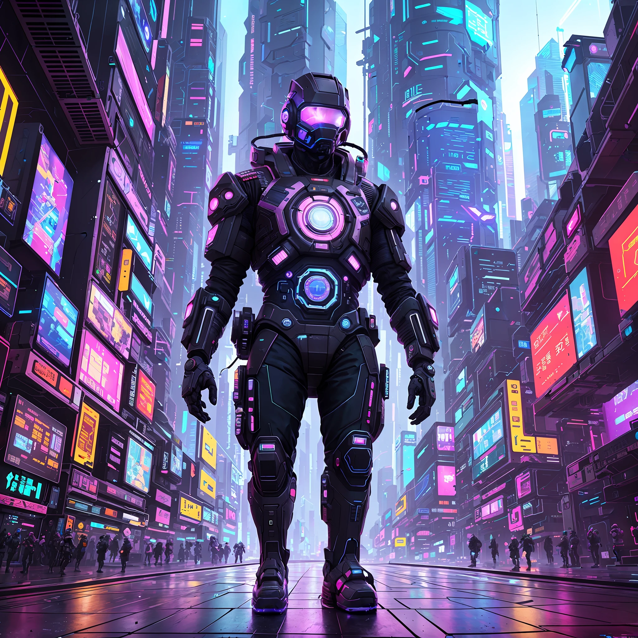 cyber man in a futuristic city with neon lights, master chief in cyberpunk city, style hybrid mix of beeple, cyberpunk art style, hyper-realistic cyberpunk style, advanced digital cyberpunk art, astronaut cyberpunk electric, in style of beeple, cyberpunk iron man, in a futuristic cyberpunk city, greg beeple, cyberpunk themed art, has cyberpunk style, scifi cyberpunk
