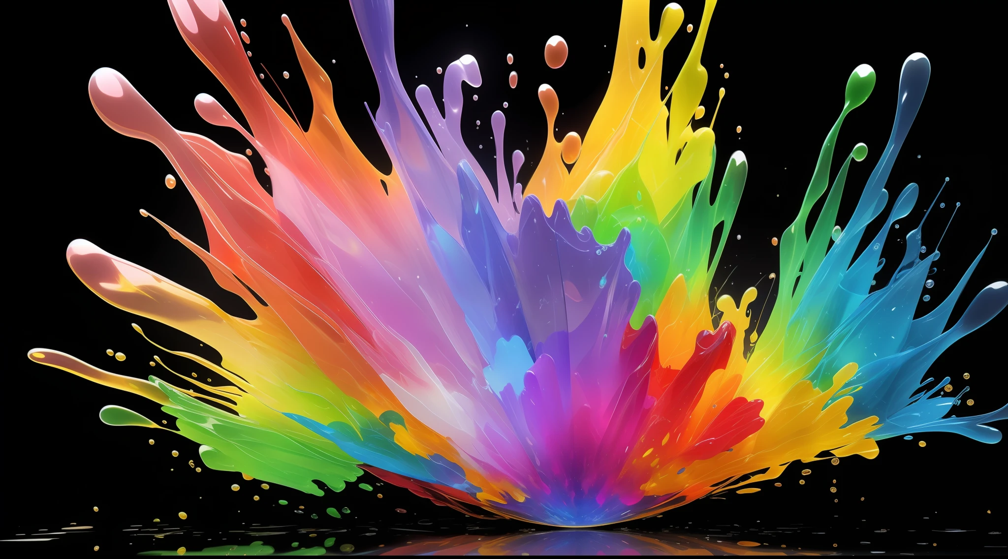 (translucent glass material), colored paint explodes in all directions, has a 3D effect, explodes from the center point, facing directly forward, splashes a little paint, splashes, pure black background