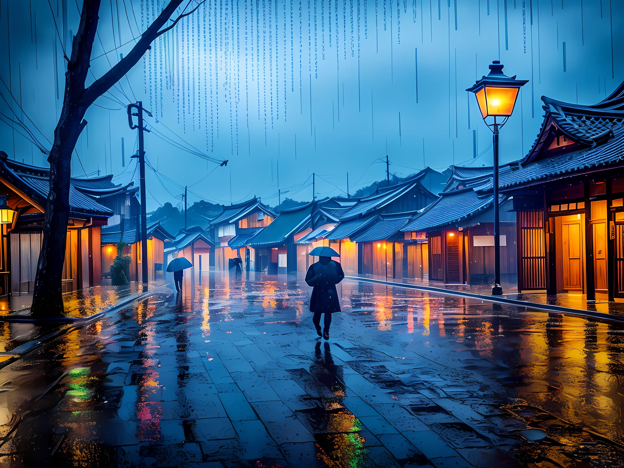depicting a rainy night in a Japanese village. The rain falls relentlessly, creating a liquid veil that surrounds every element of the scene. The drops dance in the air, creating a liquid symphony that echoes through the landscape. The dim light of the lanterns is refracted by the raindrops, forming magical glow points that illuminate the darkness. The streets of the village are transformed into liquid mirrors, reflecting the soft, blurry colors of the soggy wooden houses. Each careful brushstroke captures the texture of the raindrops, conveying a tangible sense of moisture and freshness. The atmosphere is charged with melancholy and introspection, inviting the viewer to lose themselves in the sad and serene beauty of the night rain.
