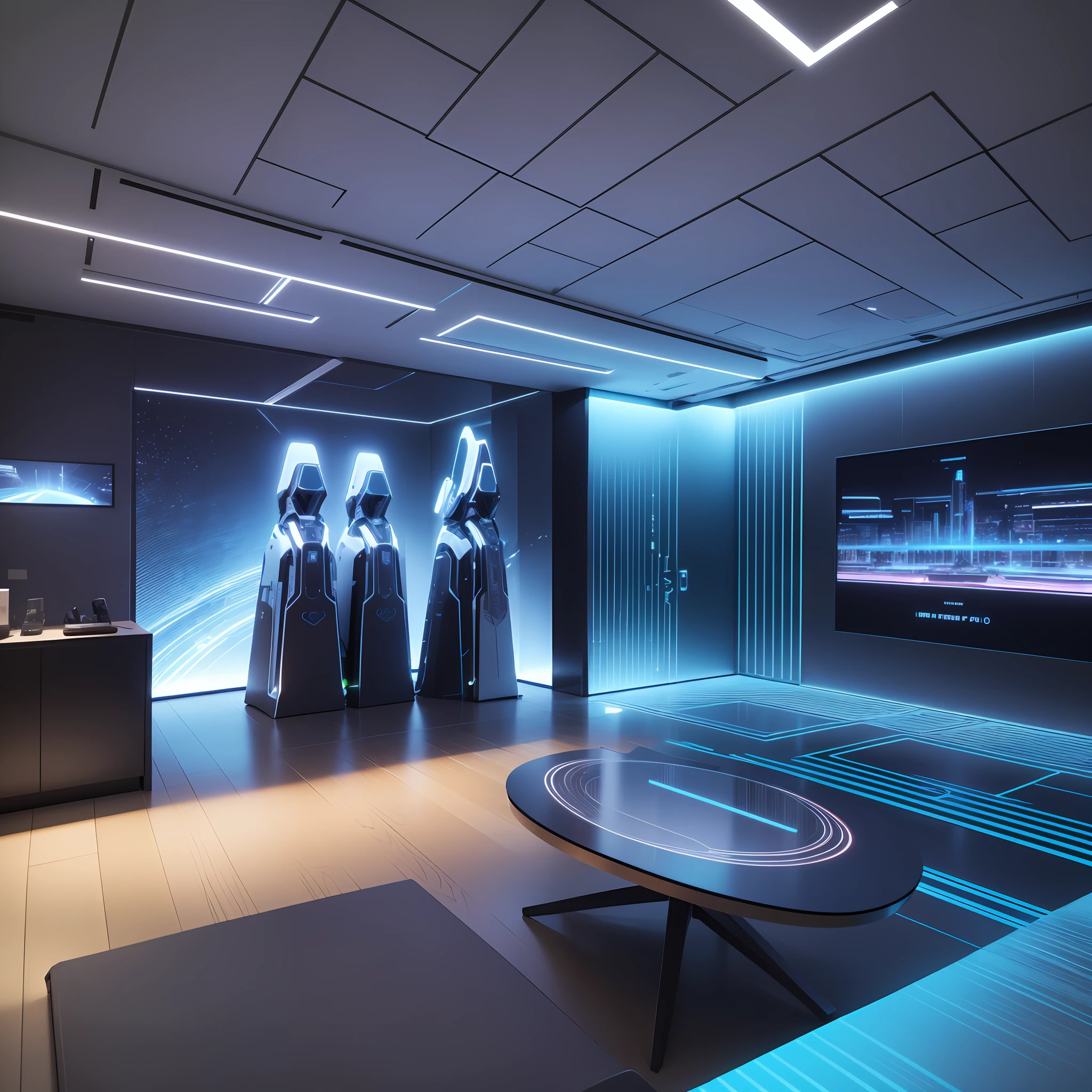 Here's a more specific space design concept:, Overall design, Area: 200 square meters, Theme: Technology and Future Life Applications, Main color: cool color, Mainly silver, blue and white, Create a sense of technology. Bright colors (e.g. green, orange) can be used as embellishments for localities, Increases vitality., Lighting: Use white LED lights and lighting projections, Create a modern and futuristic atmosphere. Each display area can use different colors and brightness of lights depending on the content of the display., Regional division, Entrance area (approx. 20 sqm), Design: LED screen, dynamic technology pattern, future theme video, Lighting: Bright white LED, Grab attention, Interactive display area (about 60 square meters, Each experience area is about 15 square meters), Design: Virtual reality (VR) experience area, smart home experience area, AI experience area, Lighting: According to the content of the presentation, Use lights of different colors and brightness, Create a different atmosphere, Central Exhibition Area (approx. 40 sqm), Design: Large-scale futuristic installation (drone art installation or immersive installation), Lights: Light projections, Highlight installation art, Create visual focus, Lounge area (approx. 30 sqm), Design: Smart furniture, AI coffee machine, AR/VR glasses, etc, Lighting: Warm soft lighting, Create a relaxing atmosphere, Future Life Experience Area (approx. 50 square meters), Design: Experience area that simulates future home, office, travel and other scenarios, Lighting: Based on the simulated scene, Use lights of different colors and brightness, 8k, UHD --auto --s2