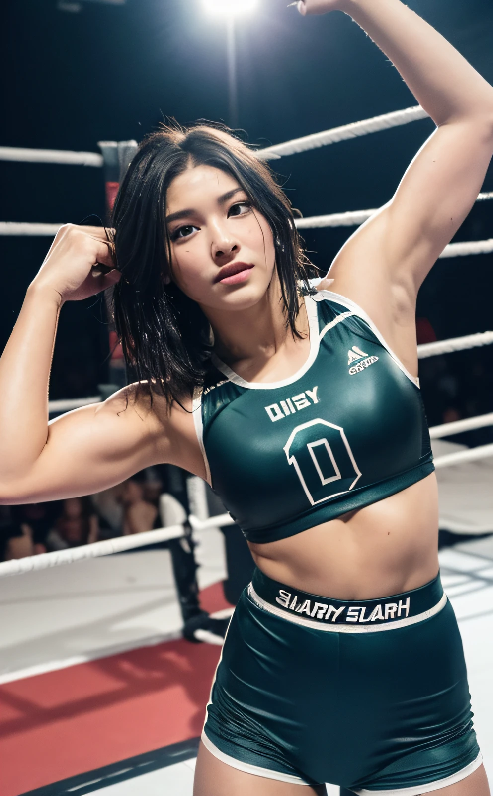 ((Top Quality, 8K, Masterpiece: 1.3)), Sharp: 1.2, Perfect Body Beauty: 1.4, Slim Abs: 1.2, ((Layered Hairstyle, Big: 1.2)), Wet: 1.5, Highly Detailed Face and Skin Texture, Detailed Eyes, Double Eyelids, Aspect Looking at the Camera, Black Hair Shortcut, Fighting, Bullish, Muscle, Sweat, (Pro Wrestling: 1.2), Full Body, Fighting pose, portrait photo of hot woman in college wrestling singlet, blonde, kick