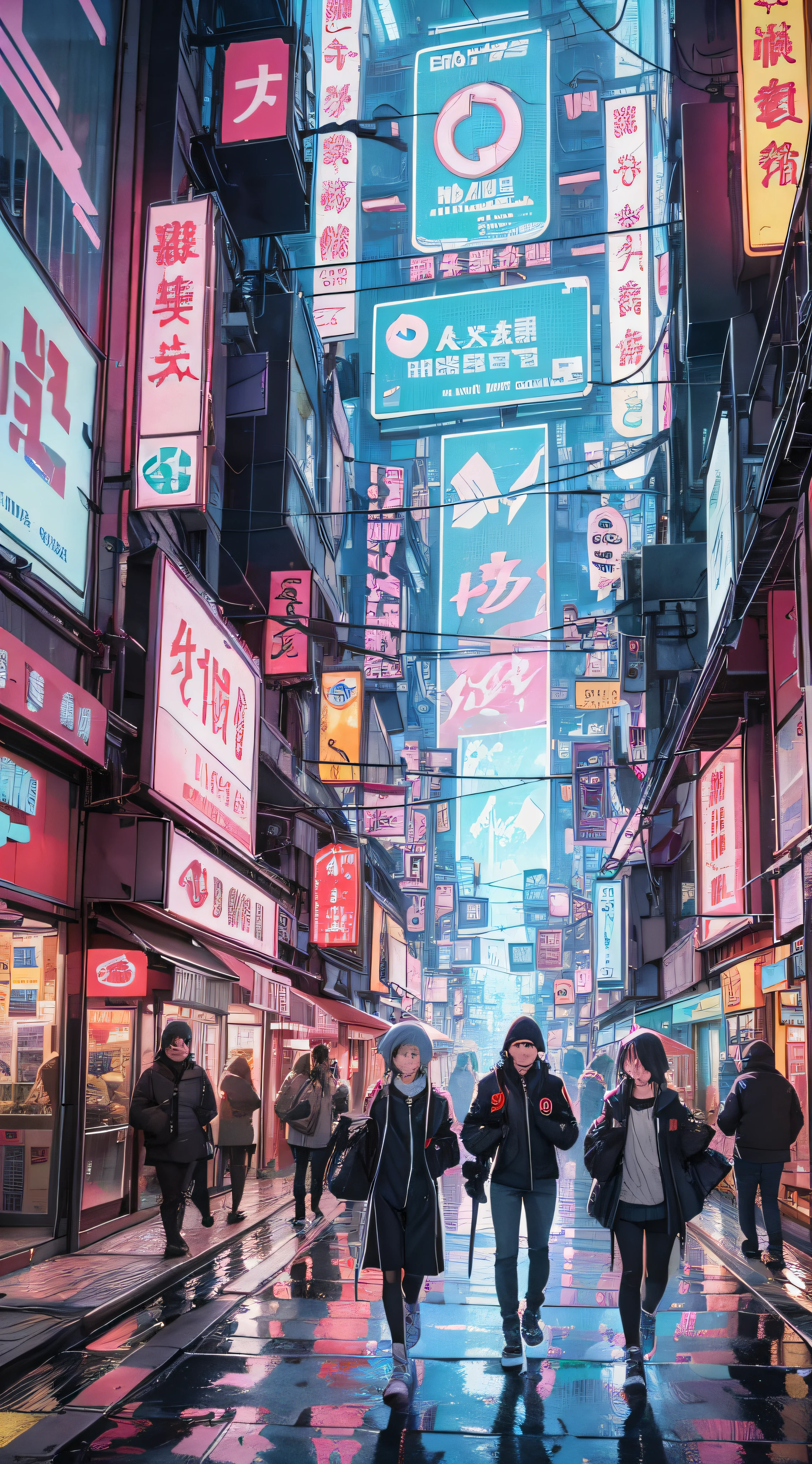 Ultra-clear image: (Best quality) Against the backdrop of a mosaic wall, cute animals and humans strolling through the cyberpunk city of (niji 5), with neon streets jutting out in the distance surrounding it, freeze this Manhwa-esque scene.