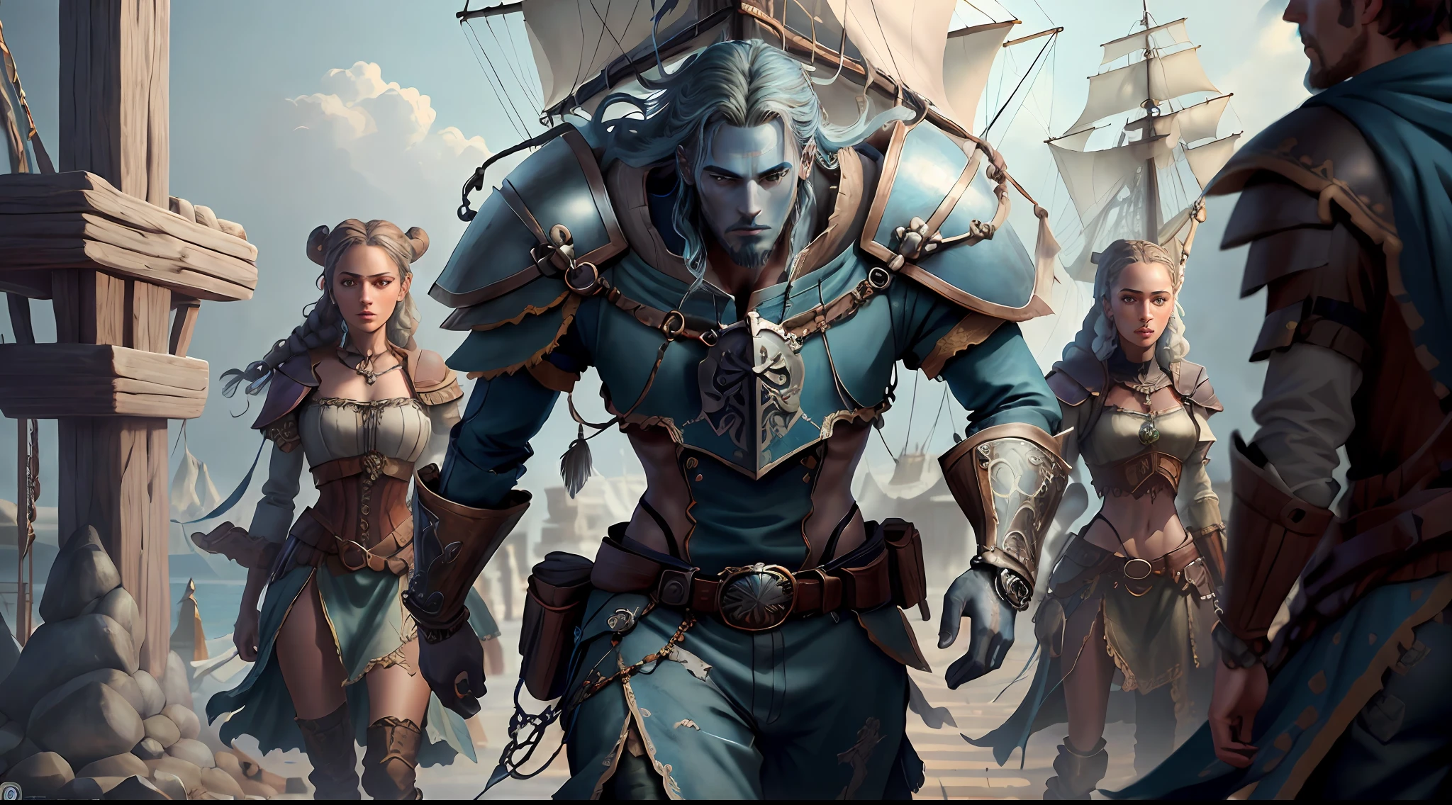 (((Multi-person interaction, with male and female))), (Highly detailed RAW color photo, ridiculous resolution, high resolution, super detailed), ((r 9 6 angles)), blue skin, handsome, fearless and brave expression, mature, thin shoulders, very thin body, black captive dark pirate hat, white dirty braids, vibrant green eyes, (detailed eyes and detailed face), extremely detailed 8k photo, (full body: 0.9), beautiful woman, overboard, offboard background, detailed face, (Medieval Fantasy Theme: 1.3), Light Blue Pirate Theme Armor with Highly Intricate Details, Blue Pants, Ship in the Background, Inside the Ship, Deck of the Ship, Inspired by Dungeons & Dragons, Digital Artwork, Surreal, Photography, Soft Lighting, Soft Detail, Octane, ArtStation Trend, Ultra High Detail, Surreal, Movie, 16k,