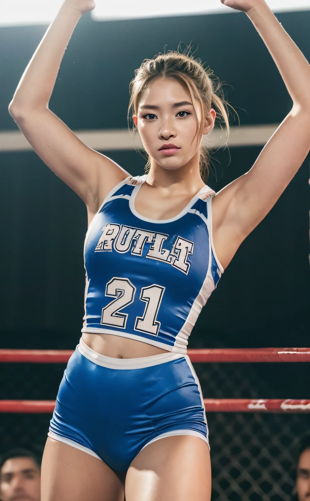 ((Top Quality, 8K, Masterpiece: 1.3)), Sharp: 1.2, Perfect Body Beauty: 1.4, Slim Abs: 1.2, ((Layered Hairstyle, Big: 1.2)), Wet: 1.5, Highly Detailed Face and Skin Texture, Detailed Eyes, Double Eyelids, Aspect Looking at the Camera, Black Hair Shortcut, Fighting, Bullish, Muscle, Sweat, (Pro Wrestling: 1.2), Full Body, Fighting pose, portrait photo of hot woman in college wrestling singlet, blonde, kick