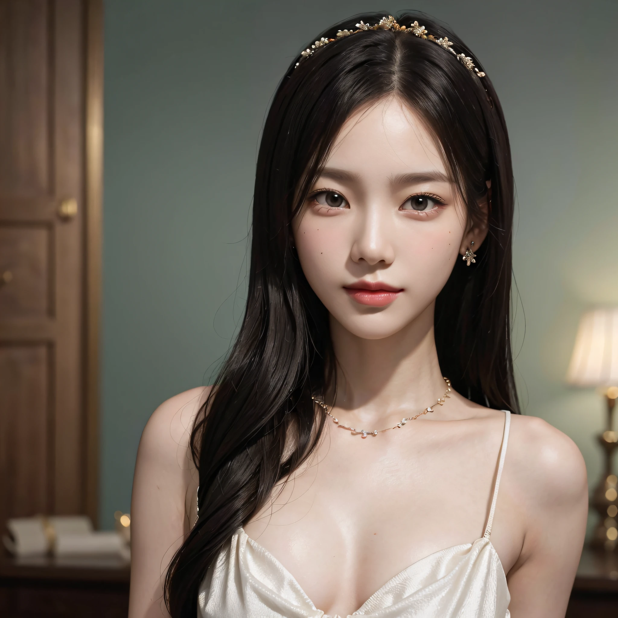 best quality, masterpiece, highres, 1girl, transparent silk china dress, beautiful face, hair ornament, looking at viewer, smile, closed mouth,lips, dress,hair ornament, necklace, jewelry, long hair, earrings, Beautiful face,upon_body, tyndall effect,photorealistic, dark studio, rim lighting, two tone lighting,(high detailed skin:1.2), 8k uhd, dslr, soft lighting, high quality, volumetric lighting, candid, Photograph, high resolution, 4k, 8k, Bokeh