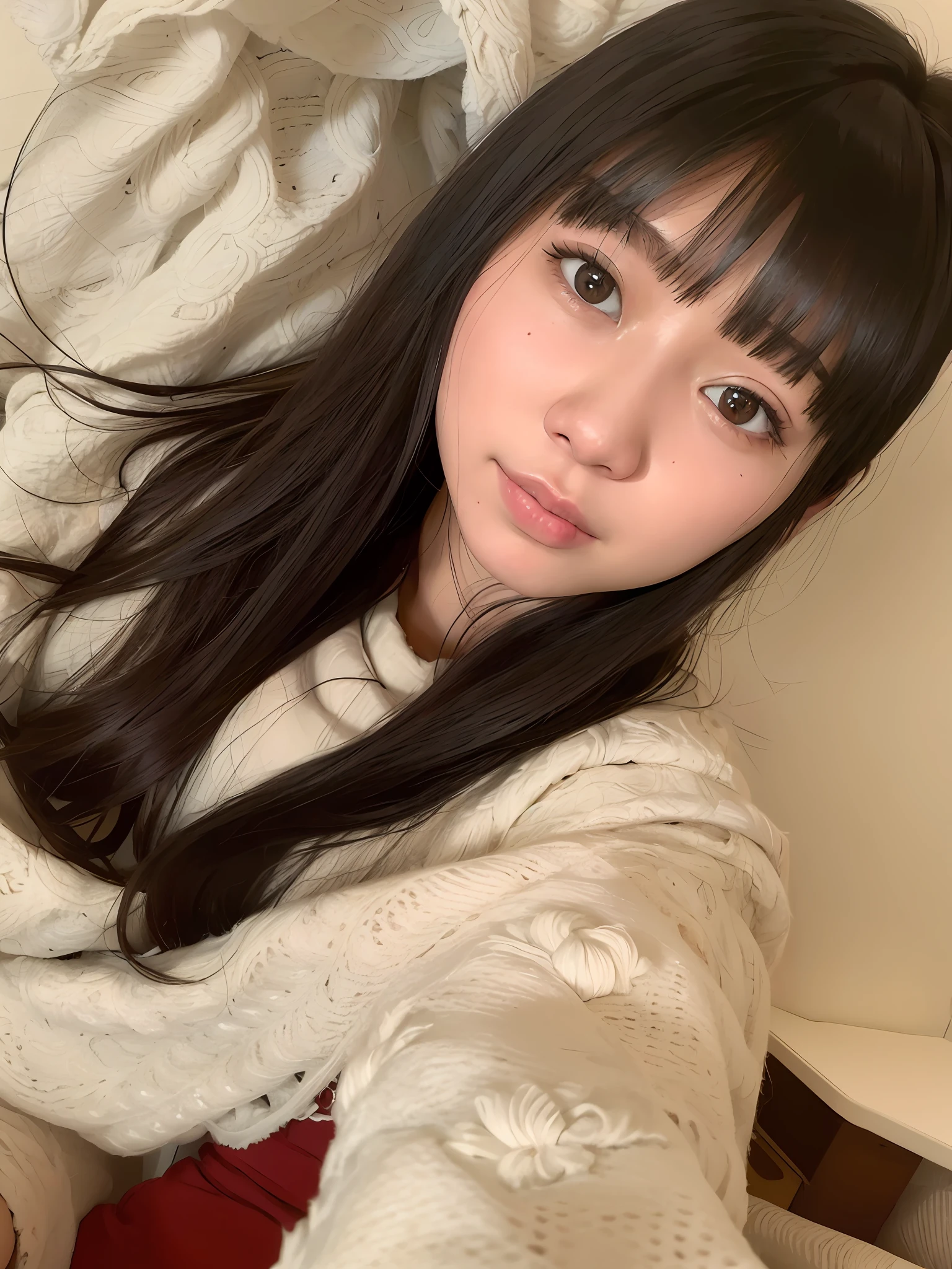 Close up portrait of woman lying on bed in white bra, Alafed Asian woman with long black hair, Chiho, Nozomi Takemura, Urzan, Yoshitomo Nara, Shiori Teshirogi, Shikamimi, young cute One Asian face, Narumi Kakinouchi, Chiho Ashima, Midori Ishida with black hair, details, skin details, white panties
