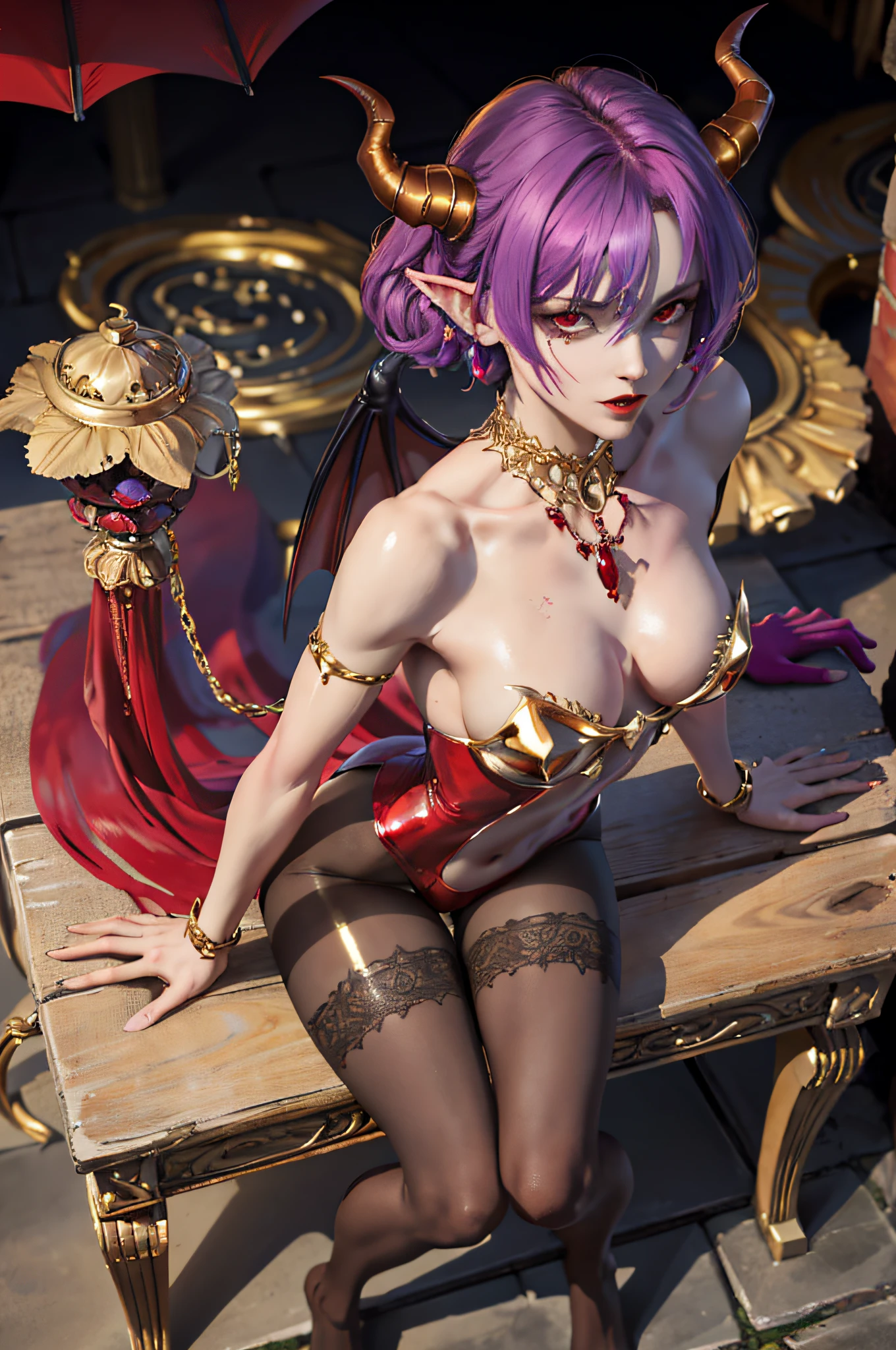 (masterpiece: 1.2, best quality), (1milf, solo), huge breasts, (dynamic posture), (shiny skin, red skin), demon girl, thin and lacy gloves, ( small demonic horns:1.1), (Lilith \(Darkstalkers\)), (heaven), fringe, (jewelry, golden ornament:1.15 ), large pelvis, blue (pantyhose:1.1)