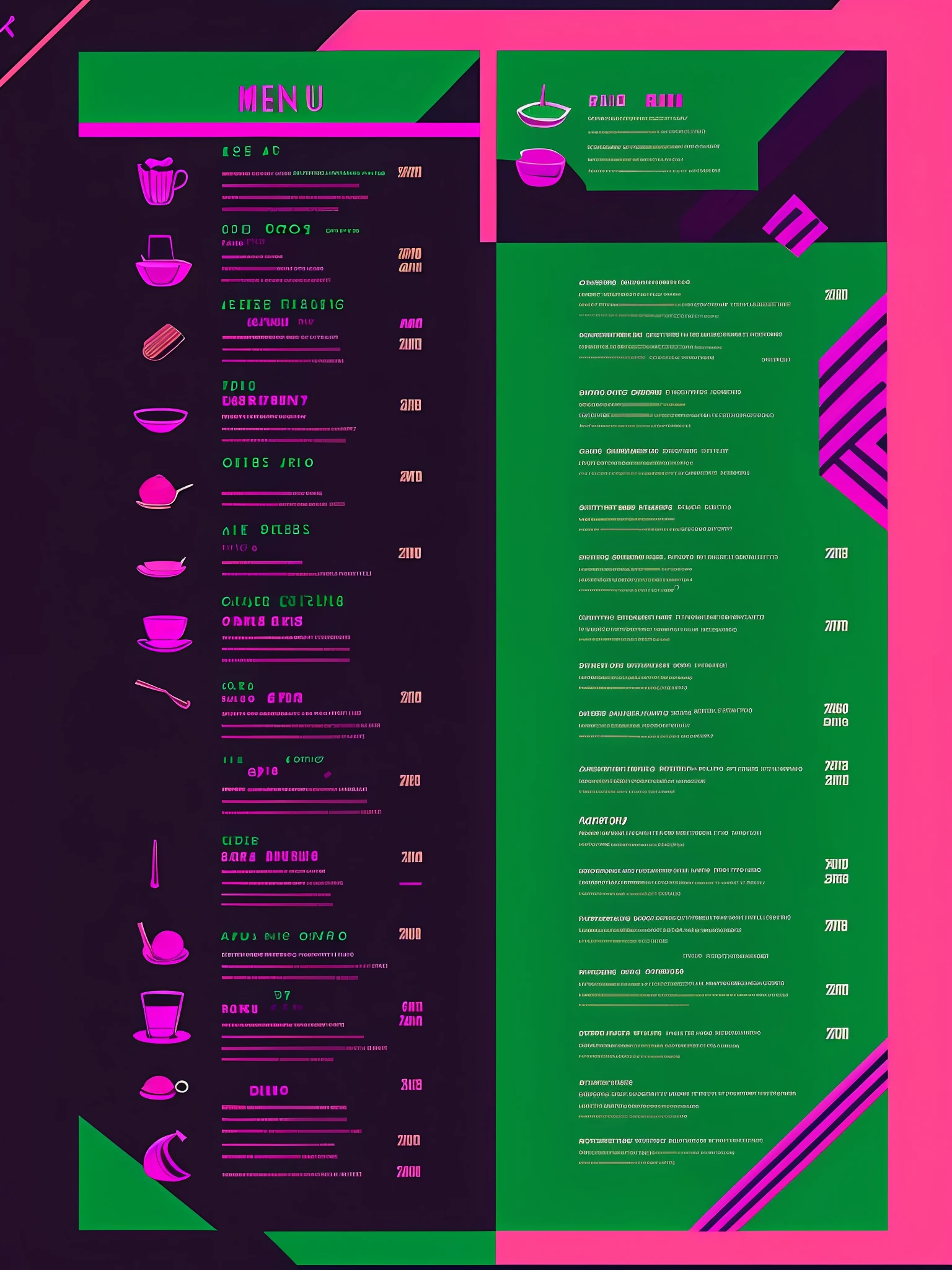 A menu of a restaurant in the style of LazrPopAI, with 5 minimalist dishes, using the colors green and purple