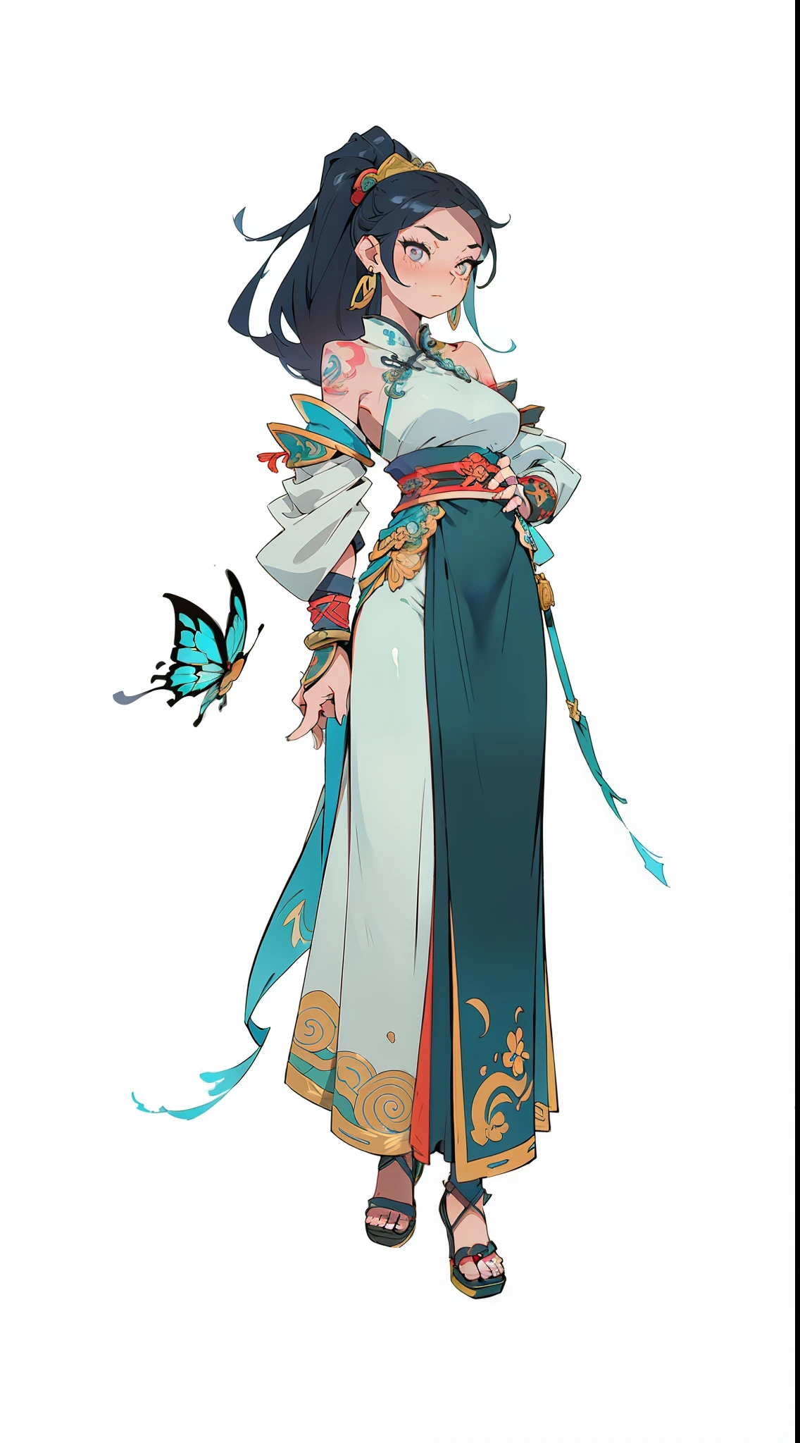 An ancient Chinese woman, charming expression, full body, amazing facial features, flowing skirt leaking out of shoulders, intricate design, butterfly tattoo, masterpiece, super detailed, epic composition, super HD, high quality, highest quality, 32k