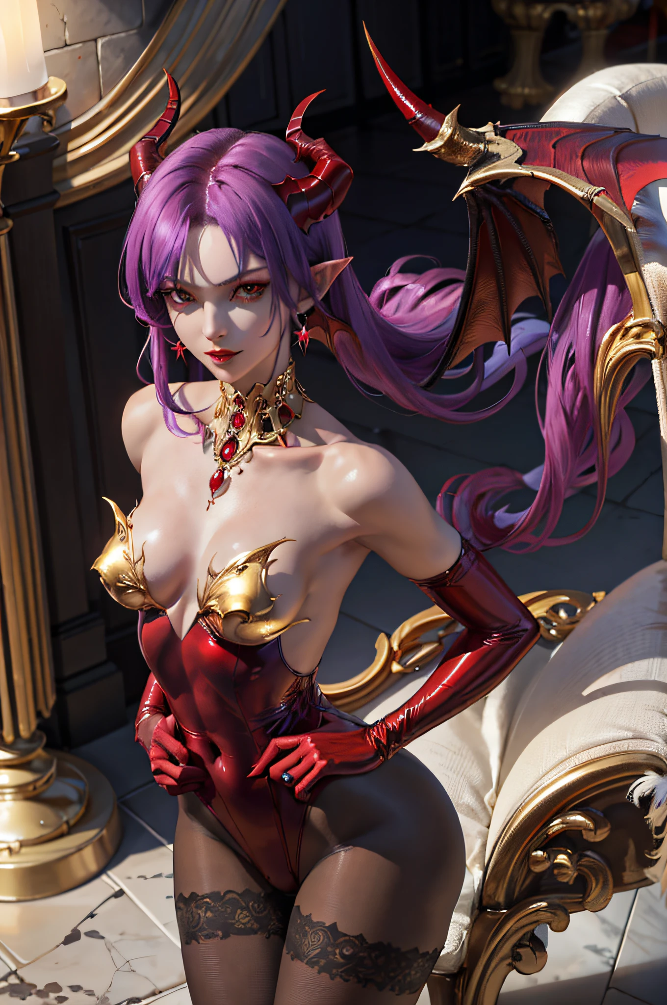 (masterpiece: 1.2, best quality), (1milf, solo), huge breasts, (dynamic posture), (shiny skin, red skin), demon girl, thin and lacy gloves, ( small demonic horns:1.1), (Lilith \(Darkstalkers\)), (heaven), fringe, (jewelry, golden ornament:1.15 ), large pelvis, blue (pantyhose:1.1)