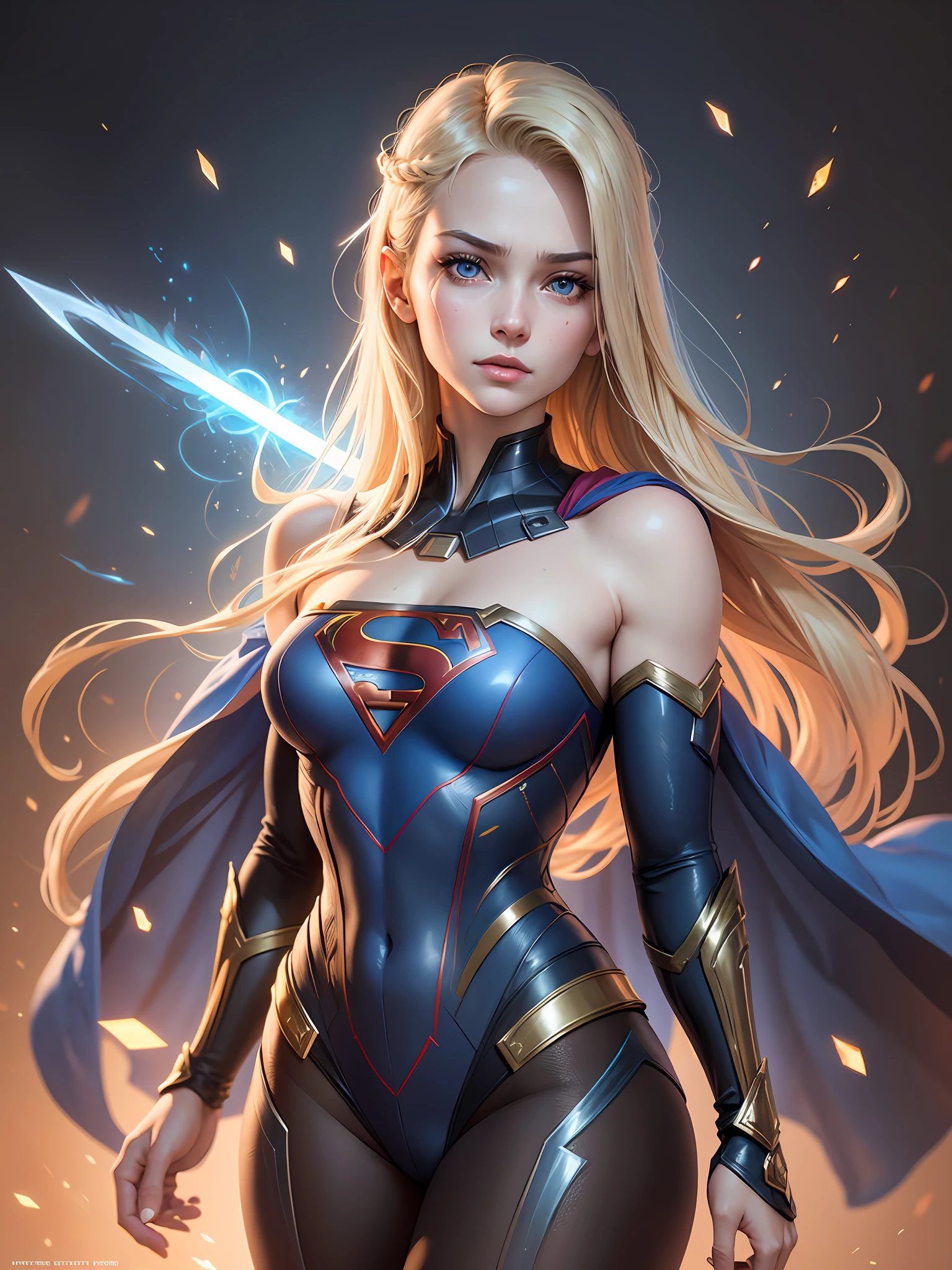 supergirl, best quality, movie, official art, sand, nature advertising art, movie wallpaper, very detailed cg uniform,4k wallpaper, intricate details, white background, upper body, facial focus, full body, full,sexy,concept art, making art, high resolution, (realistic, realistic: 1.2), physically based rendering, mechanics, reflections, realism, cyberpunk, symmetry, front view, close up, avatar ,eyes ,symmetry ,face, very sharp ,realistic ,focus , Grant Mask Painting, Movie Light, Wick, (Illustration: 1.1), Thin, Fair Skin, Delicate Face, King's Robe, Glow, Pantyhose, (Long Blonde Hair), Blue Eyes, Ultra Southern Symbol Chest S, Battlefield, Chip, Glow, Sword