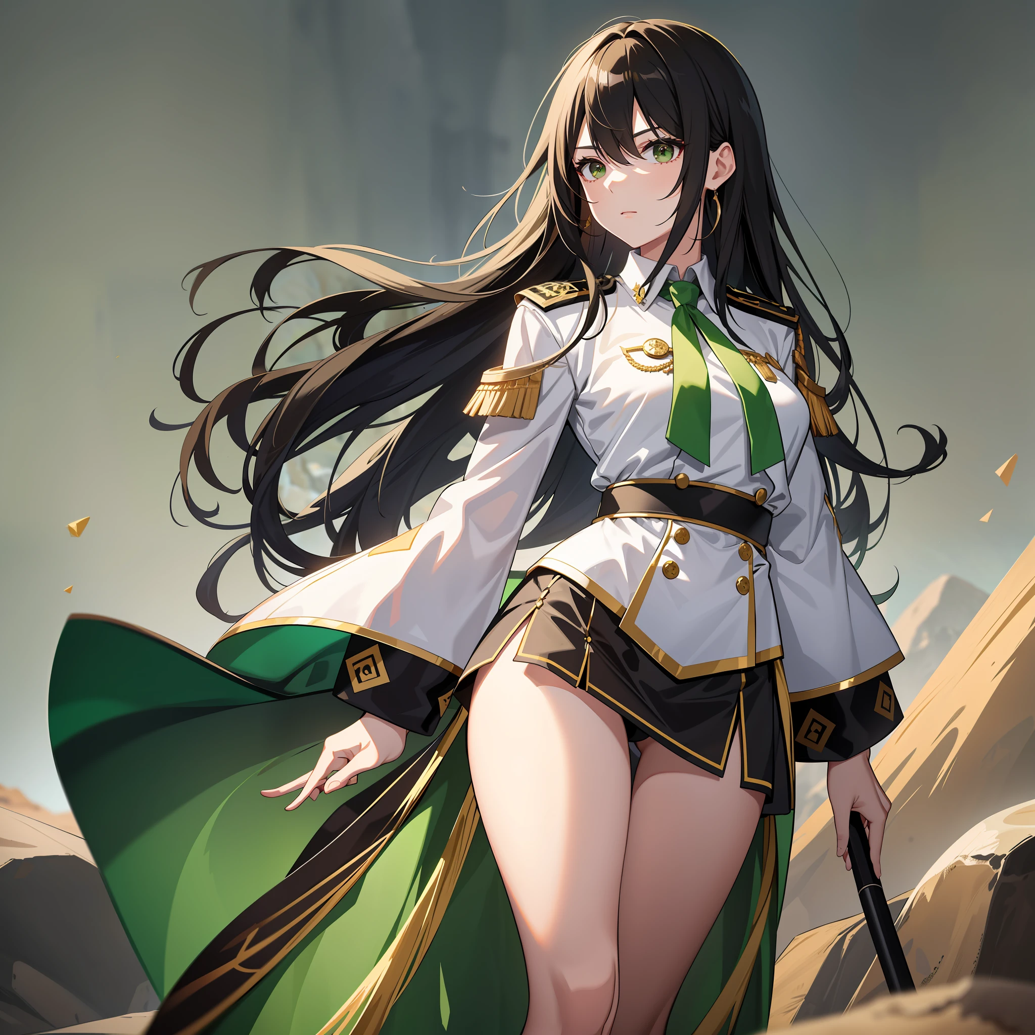 Adult, one female, Long black hair with green line in the middle, white shirt with Rank on the shoulder , short green skirt with gold trim, standing On the brown desert rocks, Slanted eyes, Glare, zoom out, masterpiece