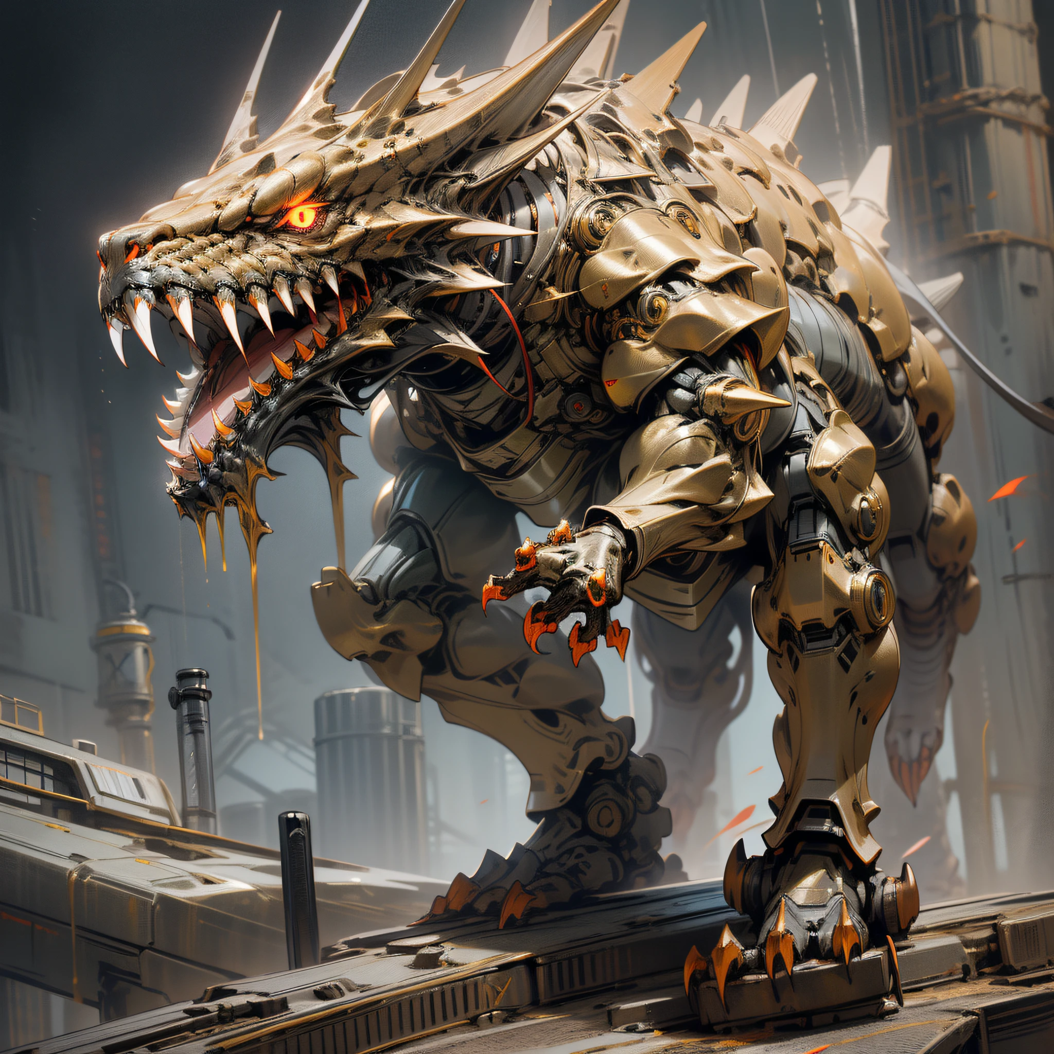 highly detailed and sharp cutting edges mechanical T-rex mecha, (8k, extremely detailed, highest quality, detailed body parts, flawless),(fierce and intimidating),(roaring, teeth bared),(glowing red eyes),(powerful hydraulic limbs),(scaly, metallic skin),(combating pose style)