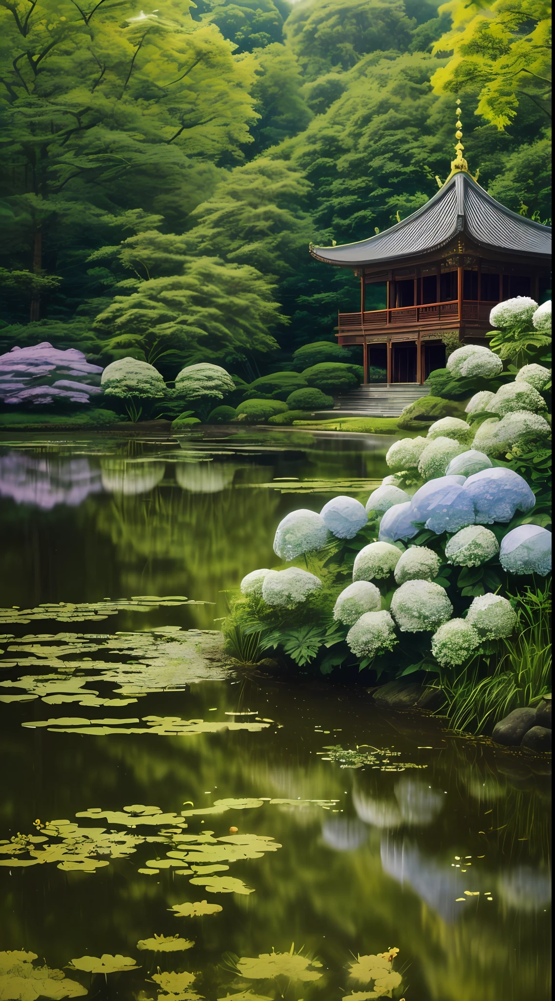 wallpaper, summer, there is a temple by the pond、,, forest, detailed forest, clouds, masterpiece, cinematic, soft light, depth of field, ray tracing, reflection in the water, realism, ulra details,hydrangea flowers blooming in the foreground,