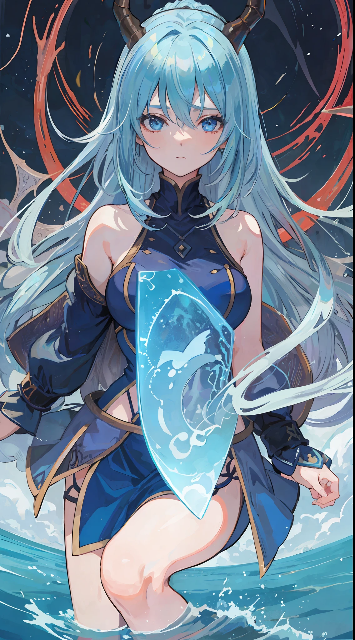 1Girl, blue hair, light blue eyes, wears a summer clothes, she is water dragon girl with horn, make it like tarot anime-style but no frame